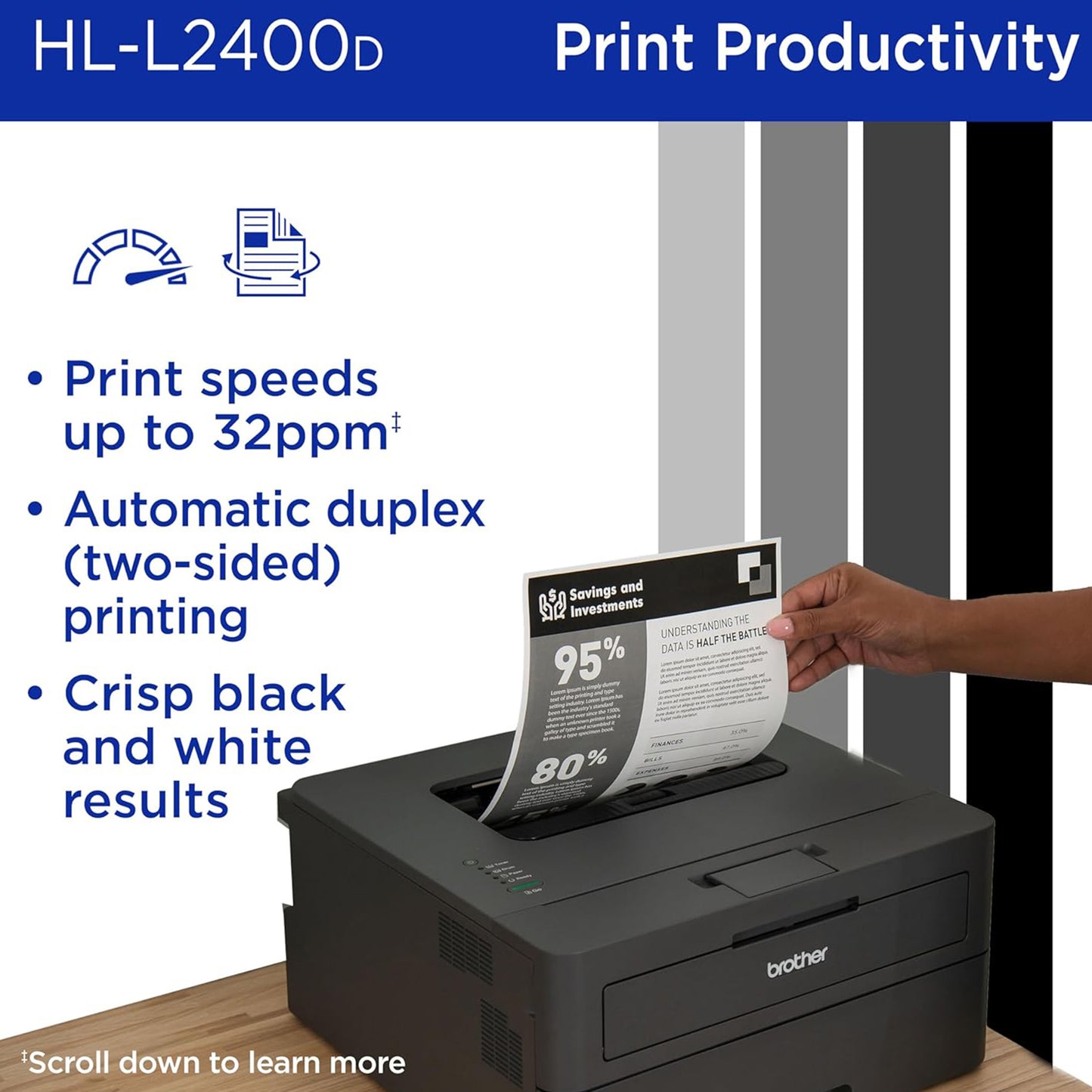 Brother HL-L2400D Compact Monochrome Laser Printer with Duplex Printing, USB Connection, Black & White Output