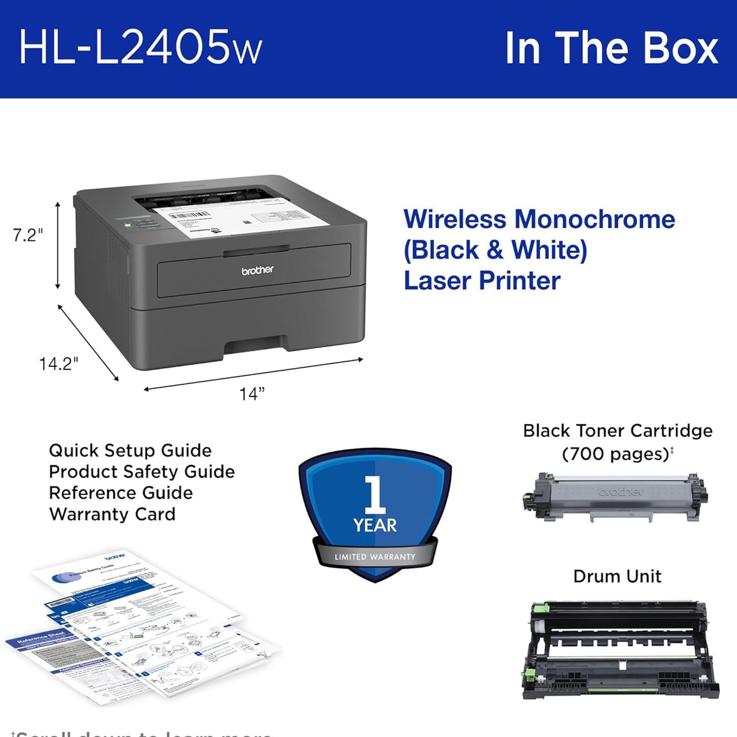 Brother HL-L2405W Wireless Compact Monochrome Laser Printer with Mobile Printing, Black & White Output |