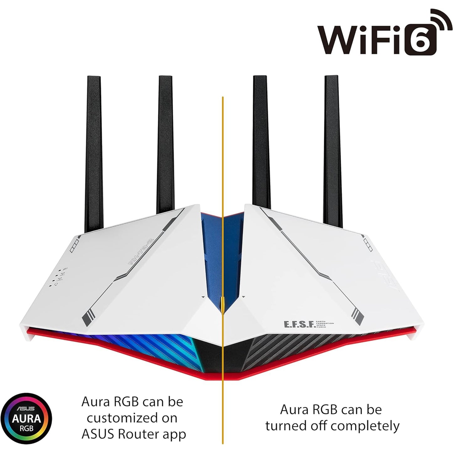 راوتر ASUS RT-AX82U AX5400 ثنائي النطاق WiFi 6 للألعاب إصدار GUNDAM، شبكة WiFi، أمان إنترنت مجاني مدى الحياة، منفذ مخصص للألعاب، تعزيز ألعاب الهاتف المحمول، MU-MIMO، البث والألعاب، إضاءة AURA RGB 