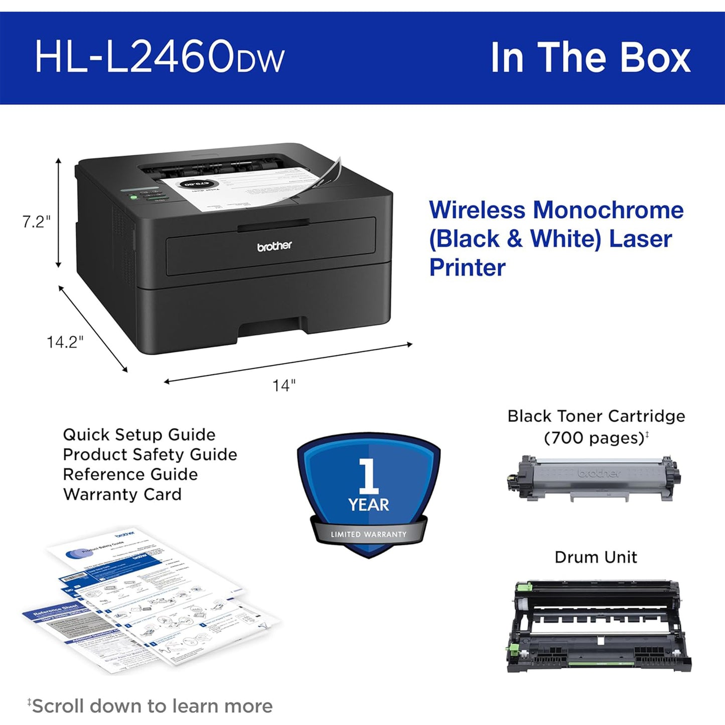 Brother HL-L2460DW Wireless Compact Monochrome Laser Printer with Duplex, Mobile Printing, Black & White Output