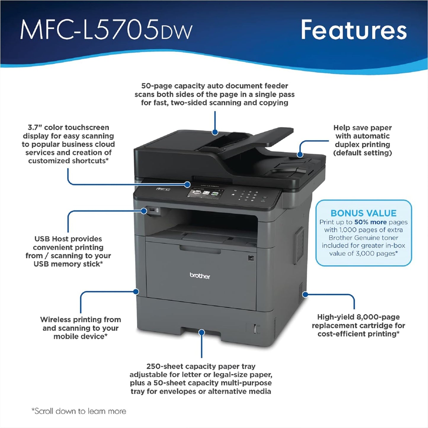 Brother MFC-L5705DW All-in-One Wireless Monochrome Laser Printer - Print Copy Scan Fax - 42 ppm, 1200x1200 dpi, 3.7" Touch LCD, 256MB Memory, Auto Duplex Printing, 50-Sheet ADF, BROAGE Printer_Cable