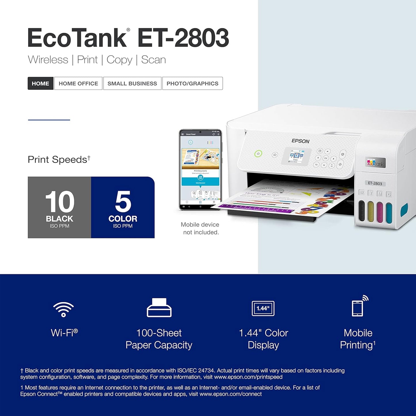 طابعة Epson EcoTank ET-2803 اللاسلكية الملونة الكل في واحد Supertank الخالية من الخراطيش مع دعم المسح الضوئي والنسخ والطباعة الهوائية 