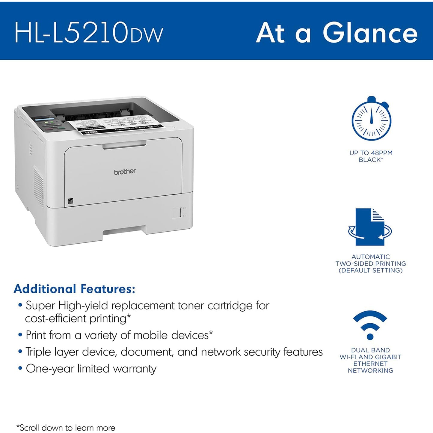 Brother HL-L5210DW Business Monochrome Laser Printer with Duplex Printing, Versatile Paper Handling, Wireless and Gigabit Ethernet Networking, and Mobile Printing