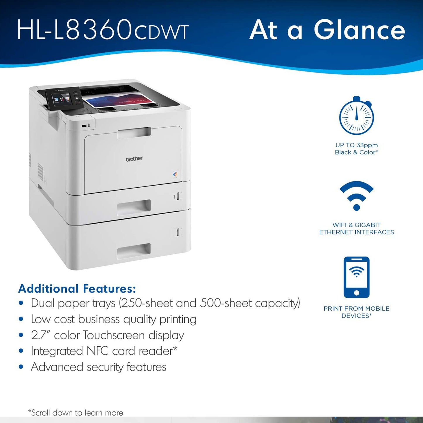 rother Printer HLL8360CDWT Business Color Laser Printer with Duplex Printing, Wireless Networking and Dual Trays