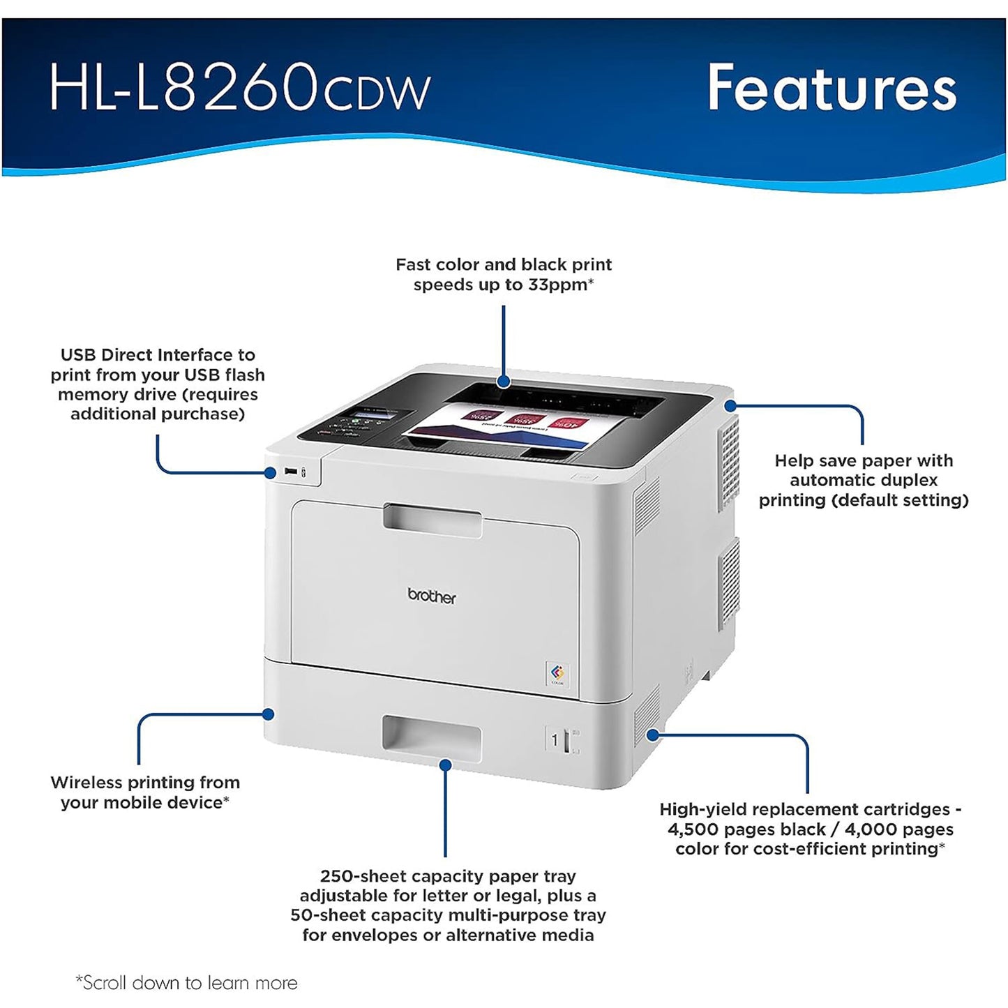 Brother HL-L8260CDW Business Color Laser Printer, Duplex Printing, Flexible Wireless Networking, Mobile Device Printing