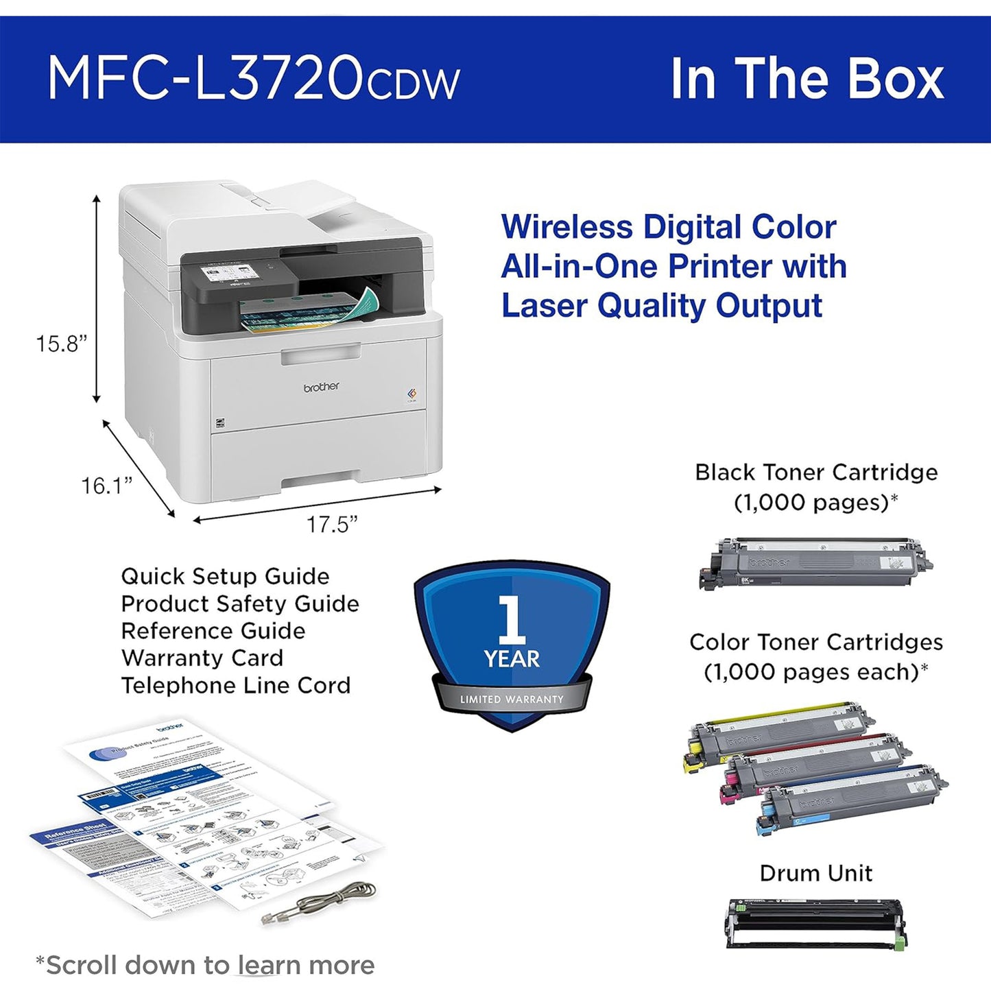 Brother MFC-L3720CDW Wireless Digital Color All-in-One Printer with Laser Quality Output, Copy, Scan, Fax, Duplex, Mobile