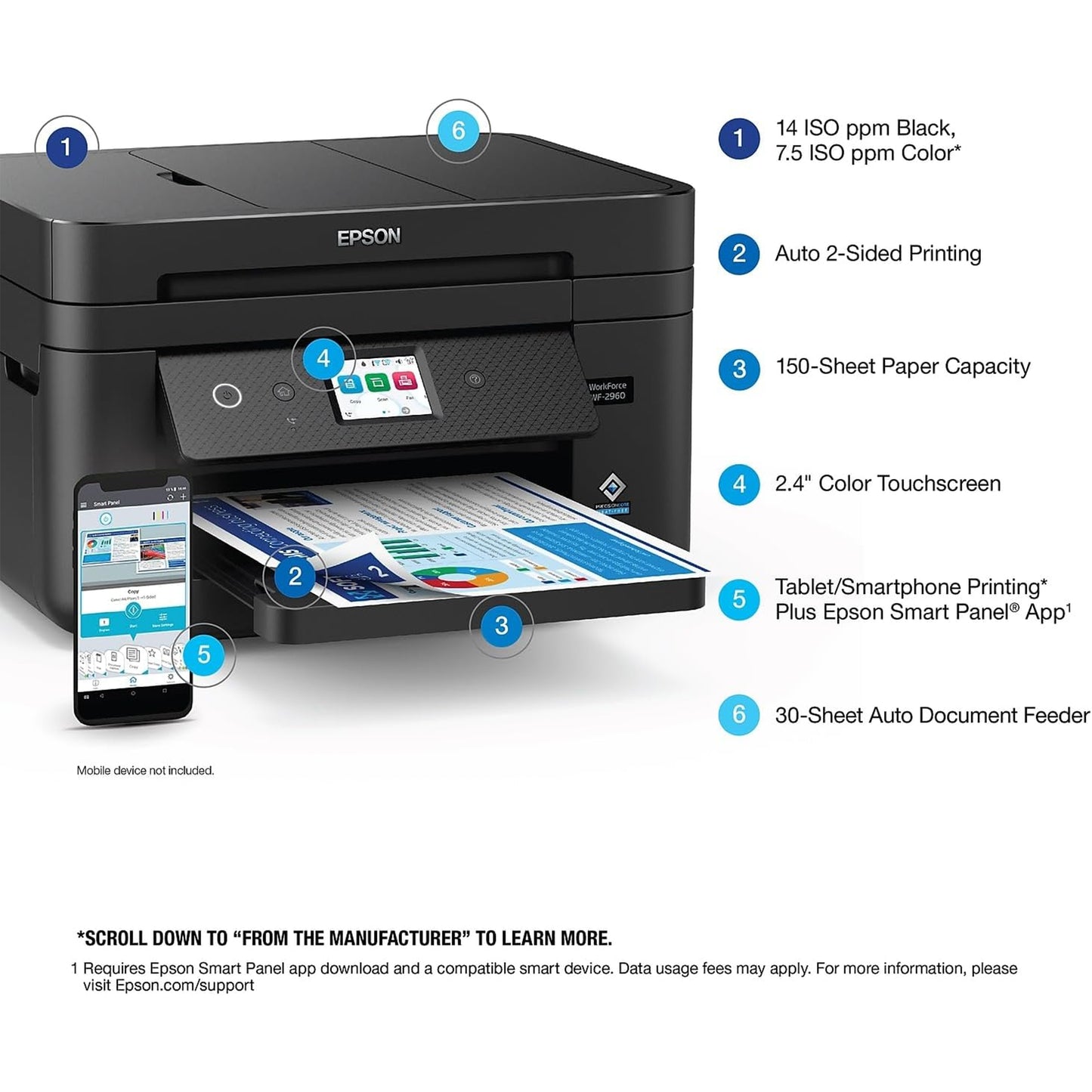 Epson Workforce WF-2960 Wireless All-in-One Printer with Scan, Copy, Fax, Auto Document Feeder, Automatic 2-Sided Printing, 2.4" Touchscreen Display, 150-Sheet Paper Tray and Ethernet,Black