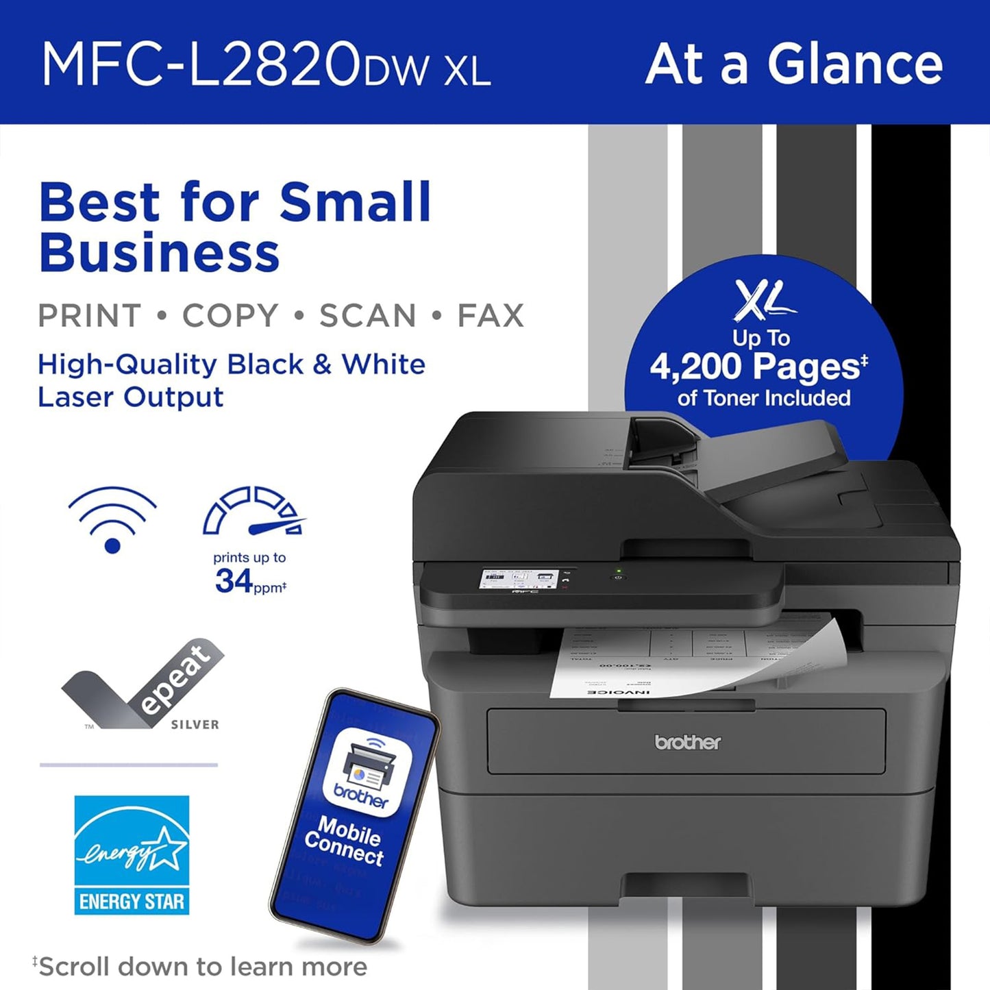 Brother MFC-L2820DW XL Wireless Compact Monochrome All-in-One Laser Printer with Copy, Scan and Fax, Duplex, Black & White