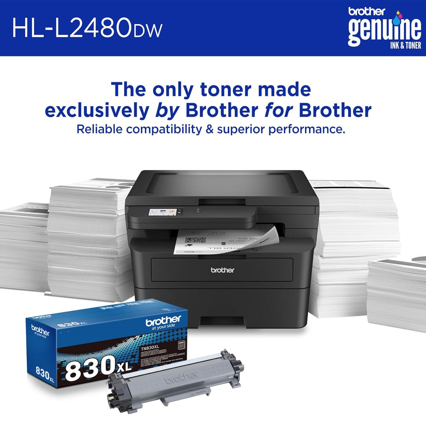 Brother HL-L2480DW Wireless Compact Monochrome Multi-Function Laser Printer with Copy and Scan, Duplex, Mobile, Black & White