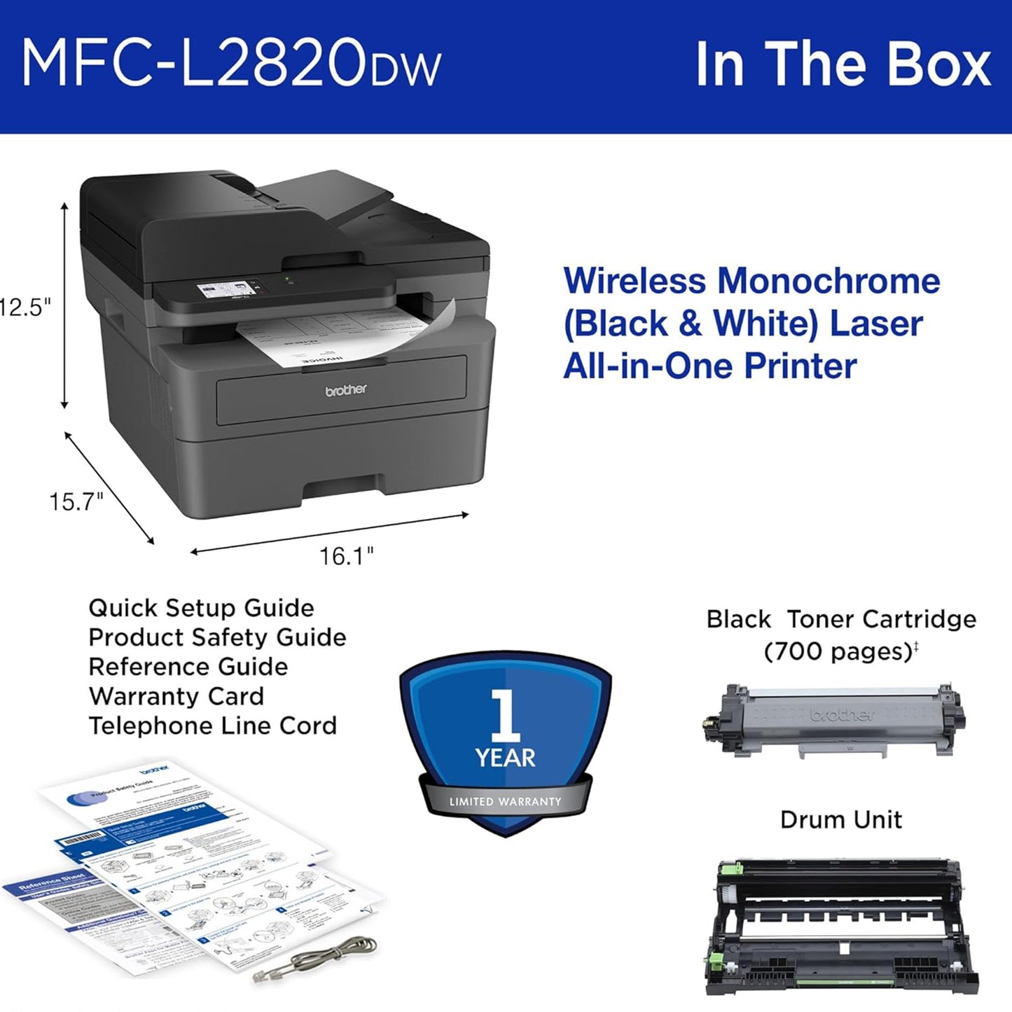 Brother MFC-L2820DW Wireless Compact Monochrome All-in-One Laser Printer with Copy, Scan and Fax, Duplex, Black & White