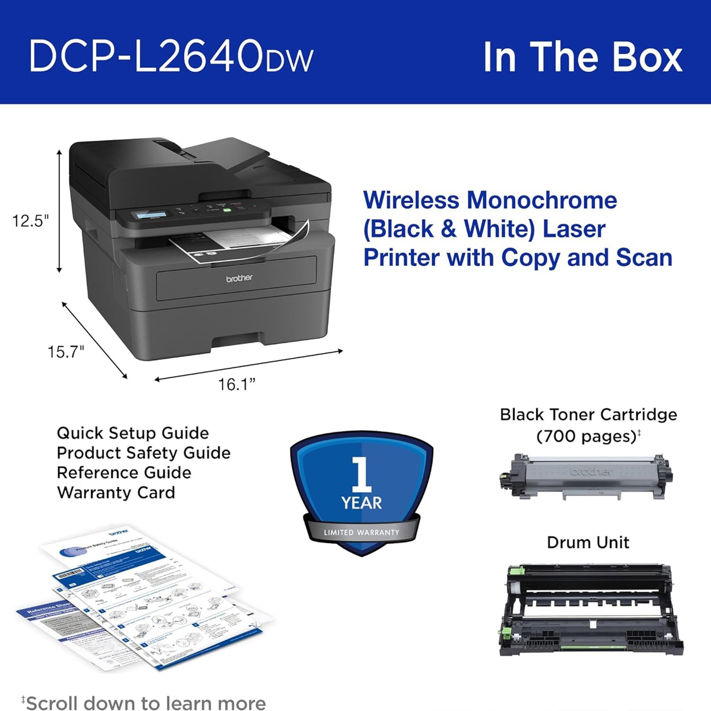 Brother DCP-L2640DW طابعة ليزر أحادية اللون لاسلكية متعددة الوظائف مع خاصية النسخ والمسح الضوئي، دوبلكس، هاتف محمول، أبيض وأسود 