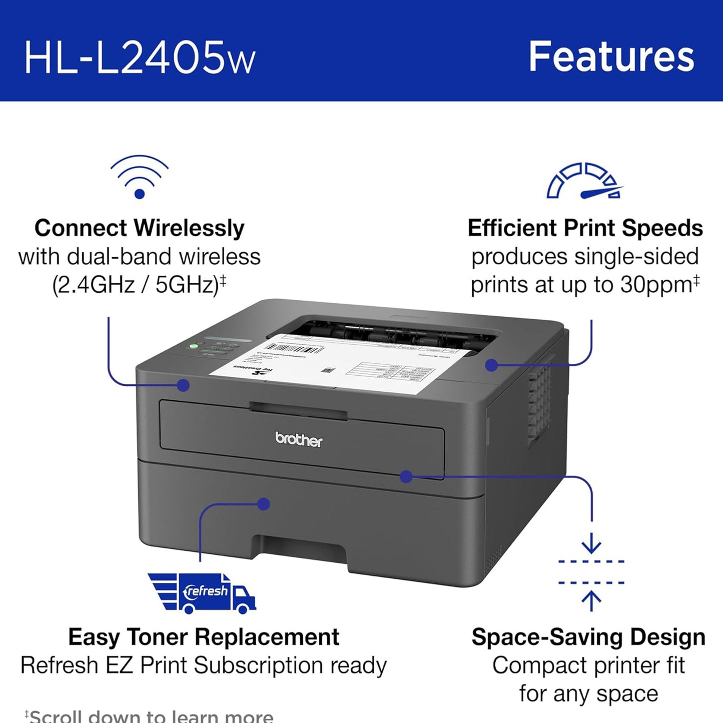 Brother HL-L2405W Wireless Compact Monochrome Laser Printer with Mobile Printing, Black & White Output |