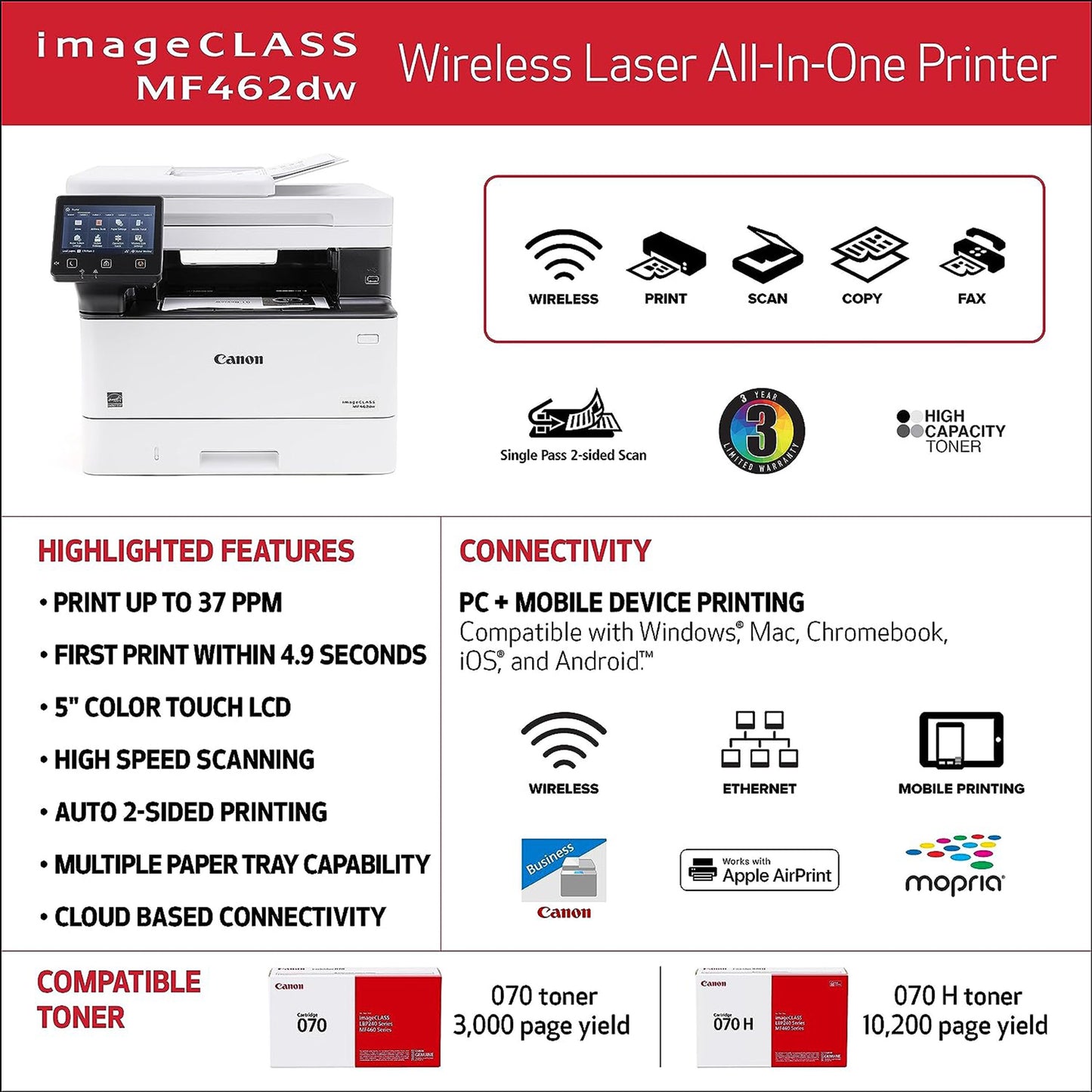 imageCLASS MF462dw - All-in-One, Wireless, Duplex Laser Printer