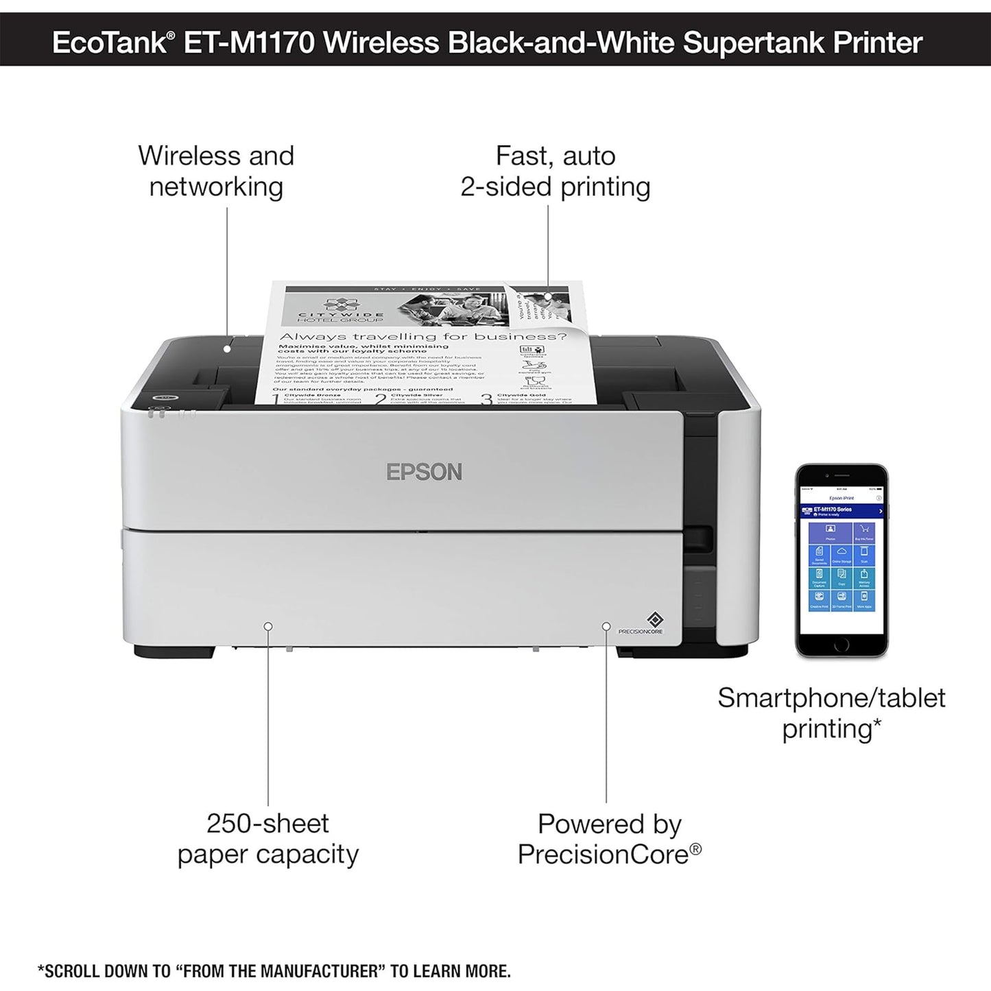 Epson EcoTank ET-M1170 Wireless Monochrome Supertank Printer with Ethernet PLUS 2 Years of Unlimited Ink*,White