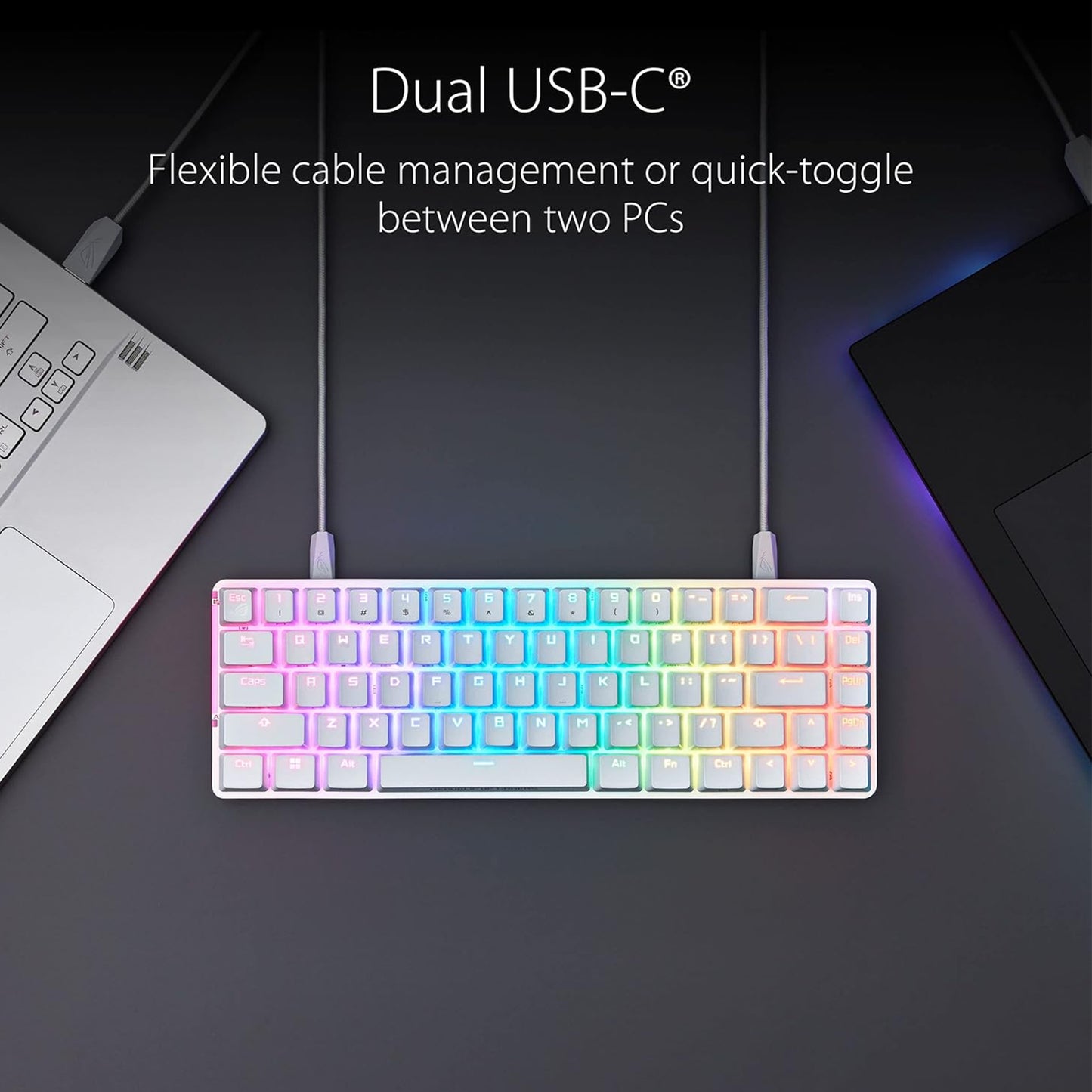 لوحة مفاتيح ميكانيكية مدمجة للألعاب ASUS ROG Falchion Ace 65% RGB، ومفاتيح ROG NX حمراء ومثبتات مفاتيح، وإسفنج مثبط الصوت، وأغطية مفاتيح PBT، سلكية مع KVM، وثلاث زوايا 