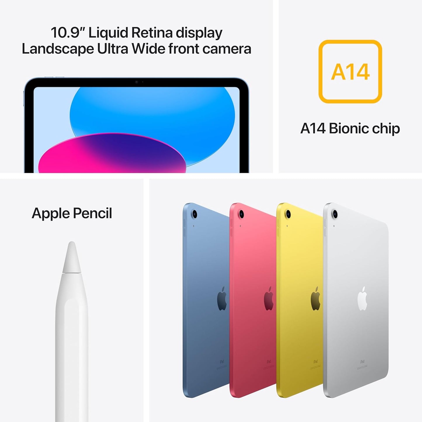 Apple iPad (الجيل العاشر): مع شريحة A14 Bionic، وشاشة Liquid Retina مقاس 10.9 بوصة، و64 جيجابايت، وWi-Fi 6، وكاميرا أمامية بدقة 12 ميجابكسل وكاميرا خلفية بدقة 12 ميجابكسل، ومعرف باللمس، وعمر بطارية يدوم طوال اليوم – وردي