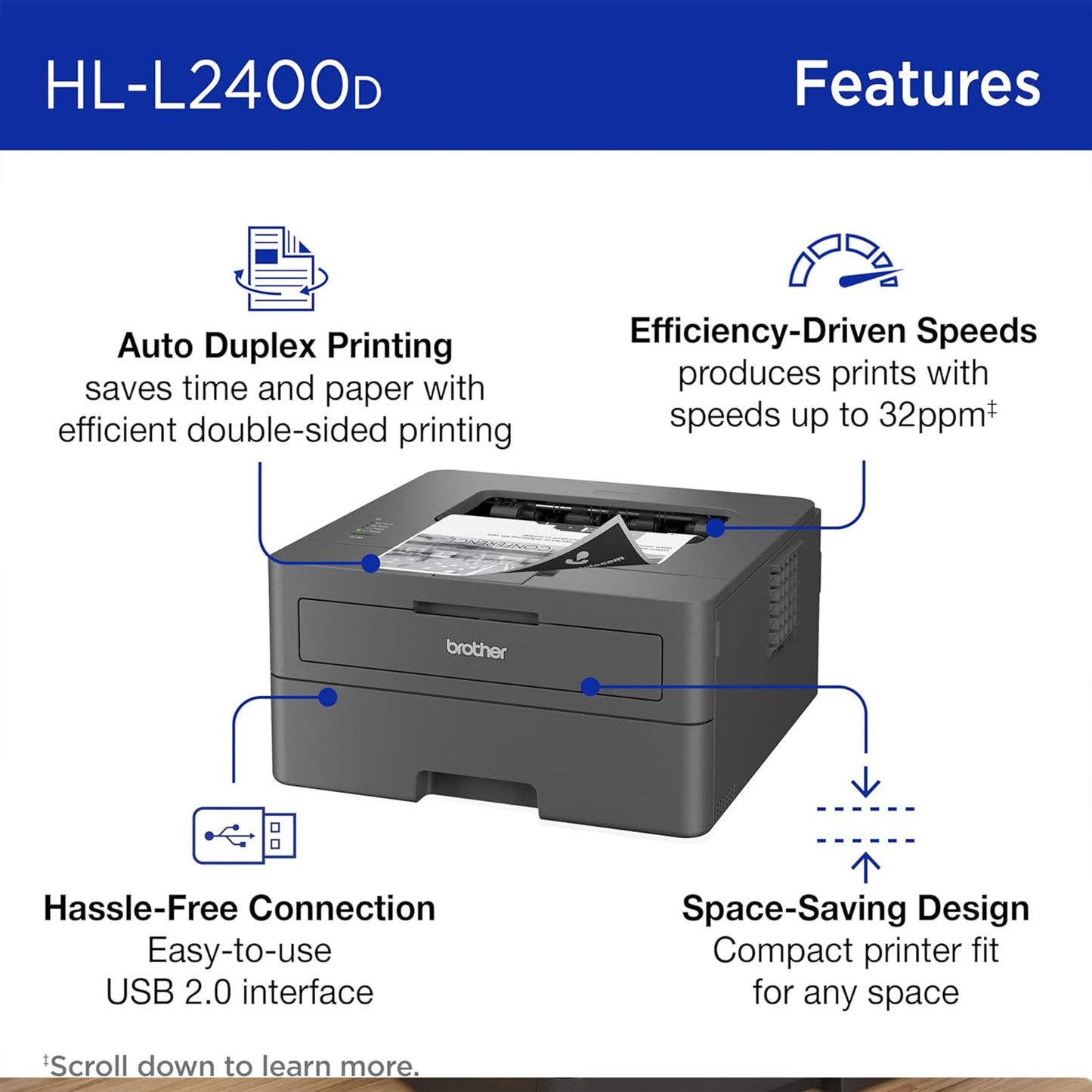 Brother HL-L2400D Compact Monochrome Laser Printer with Duplex Printing, USB Connection, Black & White Output