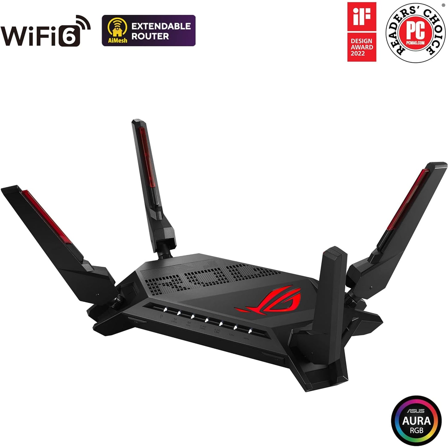 راوتر الألعاب ASUS ROG Rapture WiFi 6 AX (GT-AX6000) منافذ WAN/LAN مزدوجة 2.5 جيجا هرتز، وحدة معالجة مركزية رباعية النواة بسرعة 2.0 جيجا هرتز، تجميع WAN، متوافق مع AiMesh، أمان الإنترنت مدى الحياة، حماية فورية، Aura RGB 