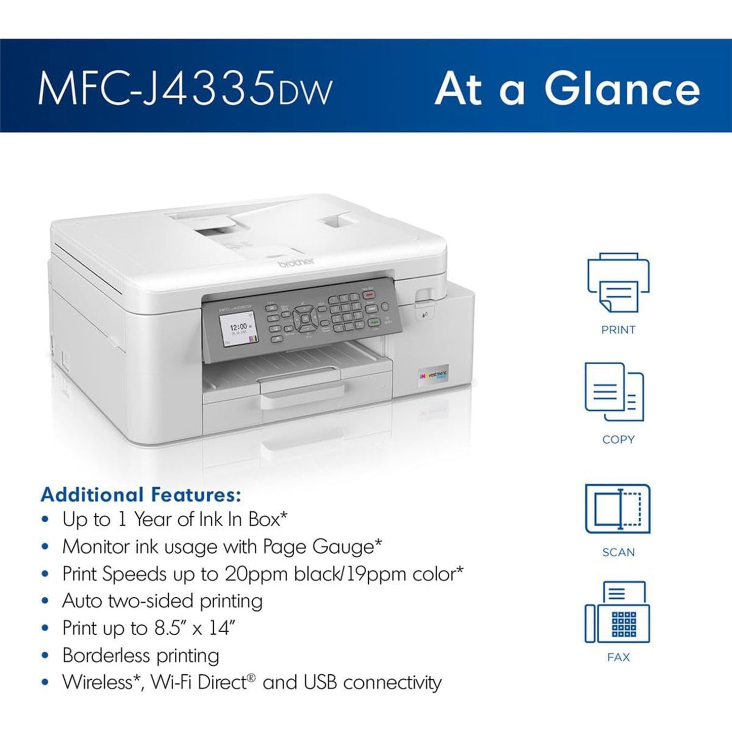 Brother MFC-J4335DW INKvestment Tank All-in-One Printer with Duplex and Wireless Printing Plus Up to 1-Year of Ink in-Box