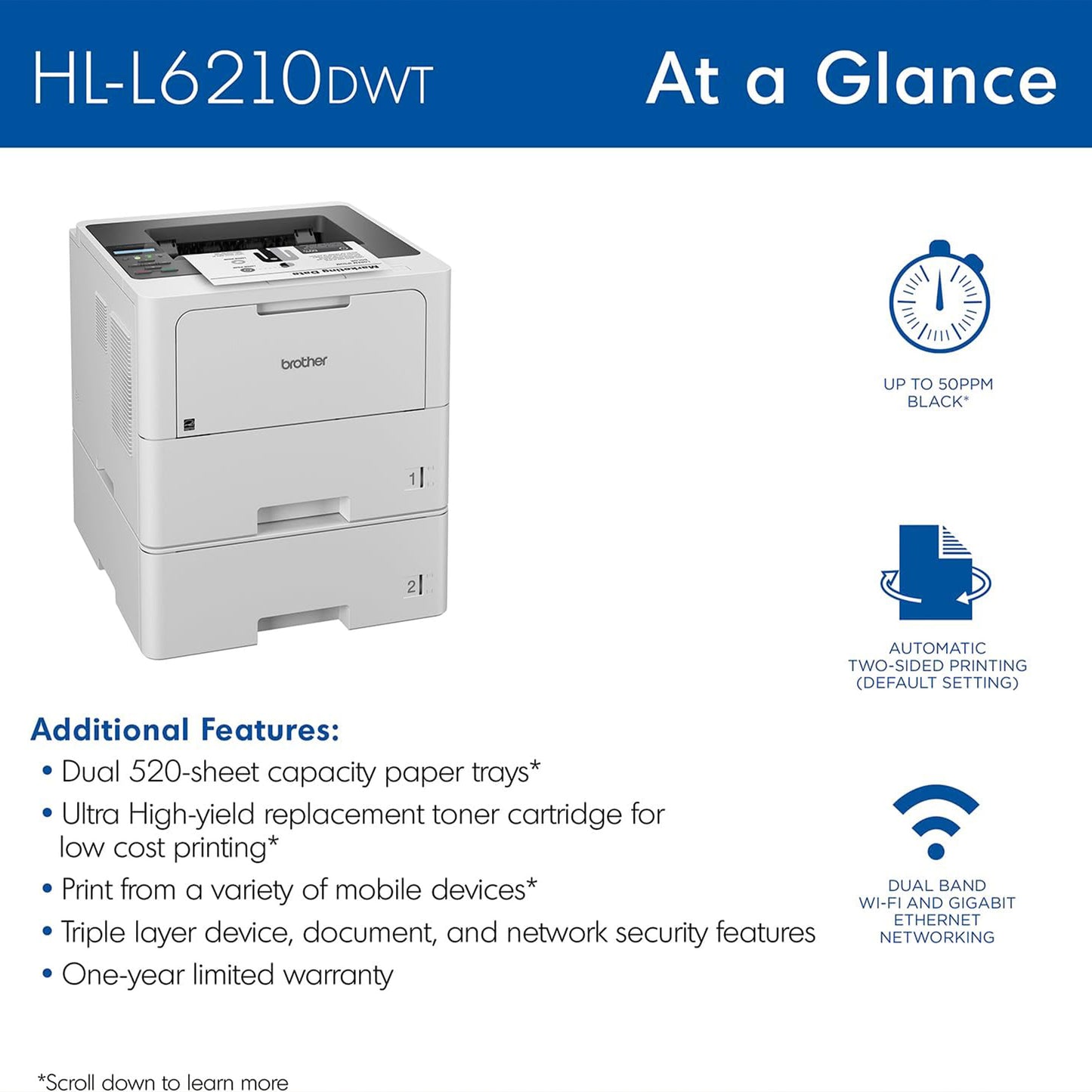 Brother HL-L6210DWT Business Monochrome Laser Printer with Dual Paper Trays, Wireless Networking, and Advanced Security Features