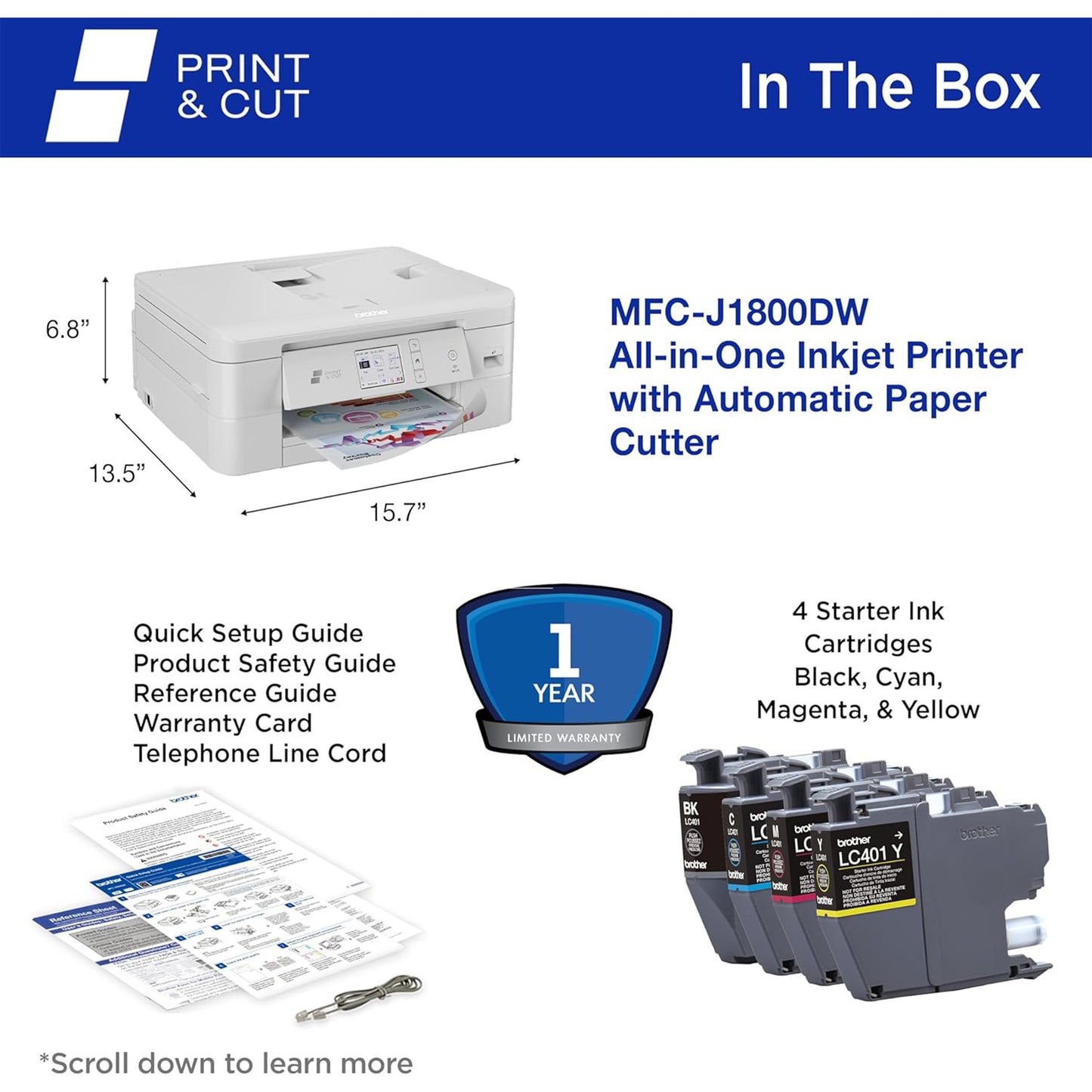 طابعة Brother Print &amp; Cut MFC-J1800DW اللاسلكية الملونة الكل في واحد النافثة للحبر مع قاطعة الورق الأوتوماتيكية