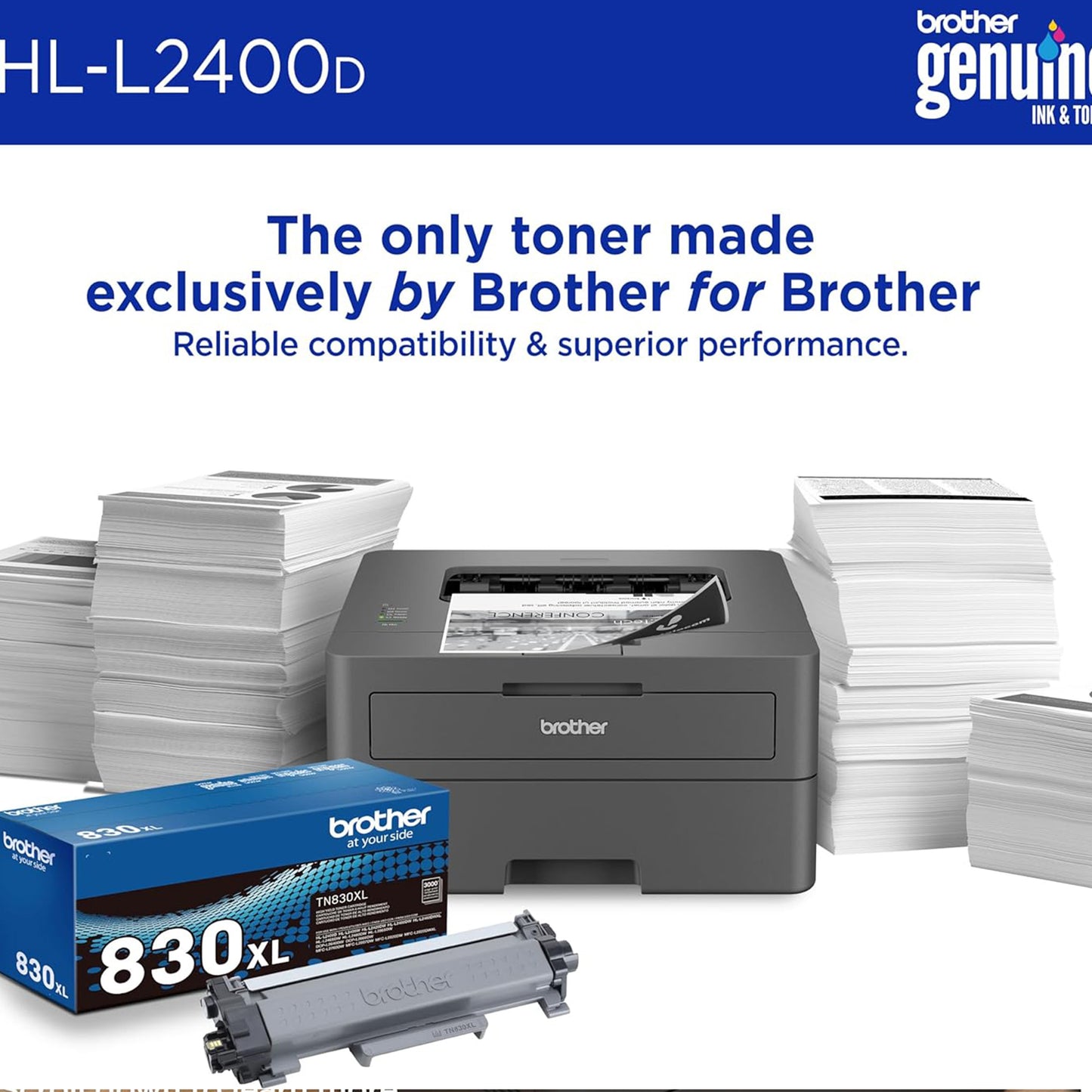 Brother HL-L2400D Compact Monochrome Laser Printer with Duplex Printing, USB Connection, Black & White Output