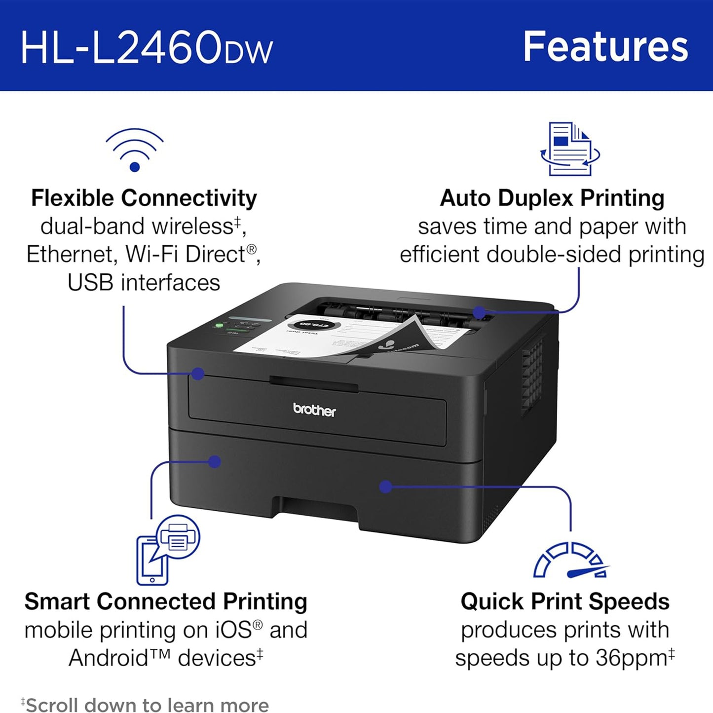 Brother HL-L2460DW Wireless Compact Monochrome Laser Printer with Duplex, Mobile Printing, Black & White Output