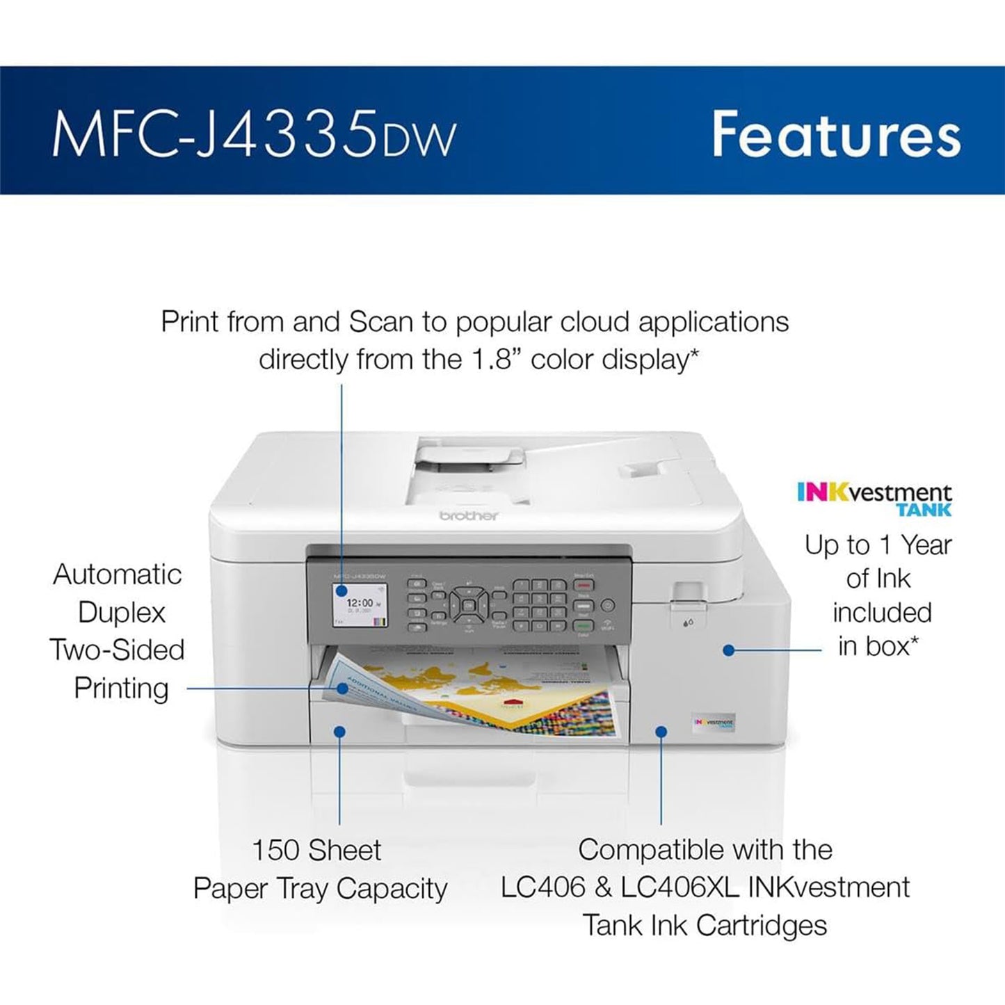 Brother MFC-J4335DW INKvestment Tank All-in-One Printer with Duplex and Wireless Printing Plus Up to 1-Year of Ink in-Box