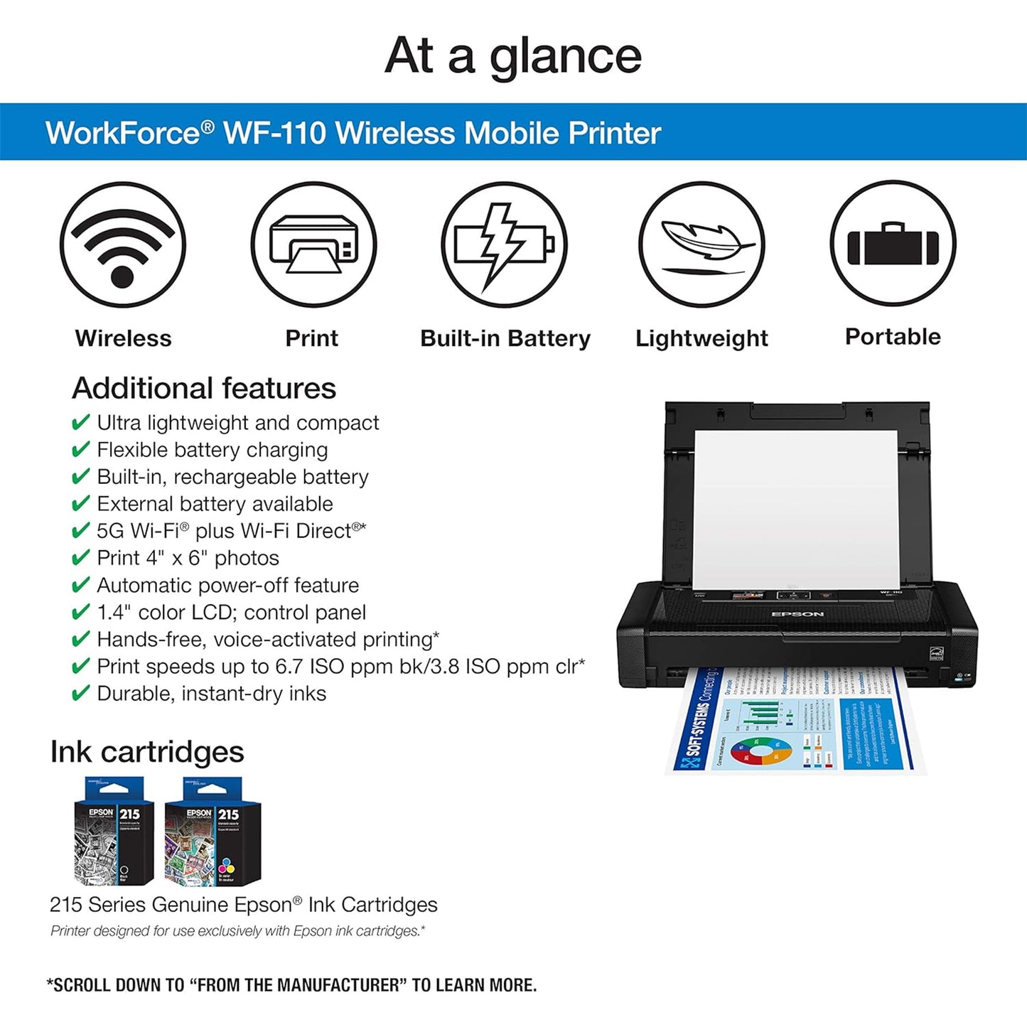 Epson Workforce WF-110 Wireless Color Mobile Printer, Black, Small