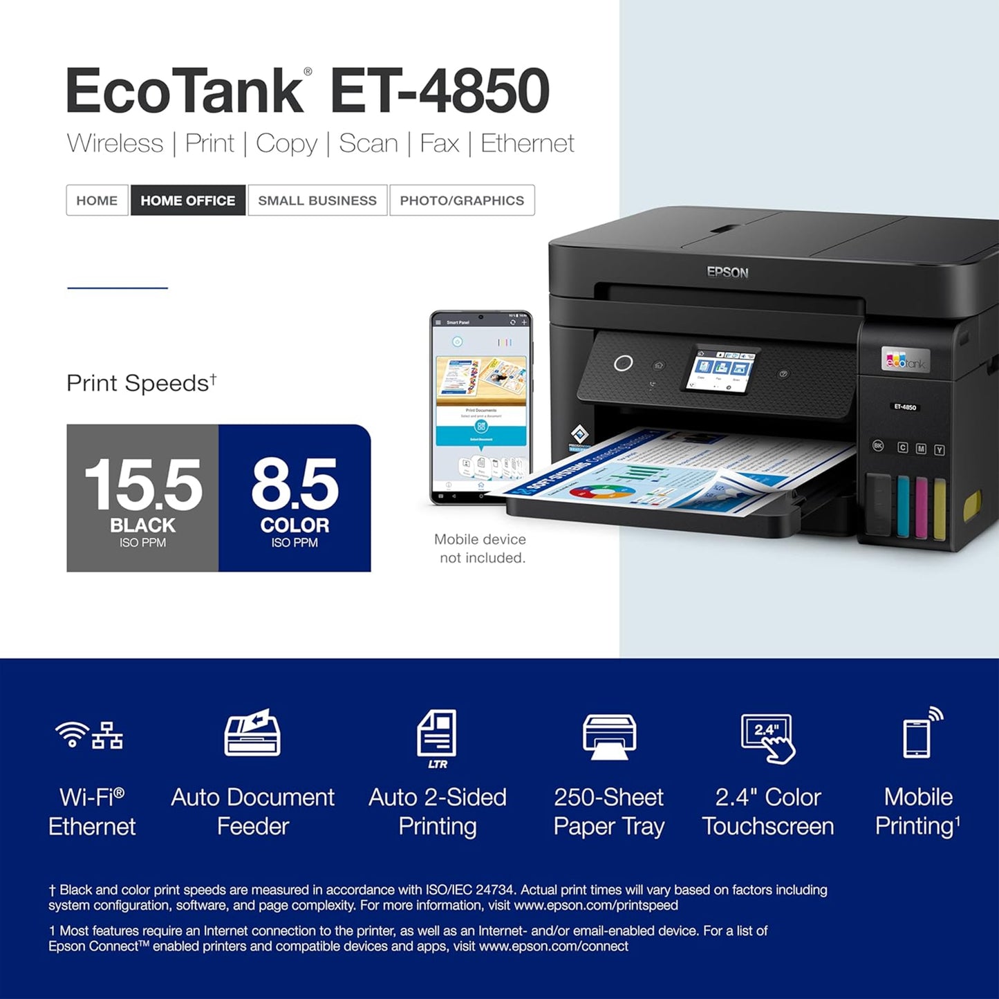 Epson EcoTank ET-4850 Wireless All-in-One Cartridge-Free Supertank Printer with Scanner, Copier, Fax, ADF and Ethernet – The Perfect Printer Office - Black