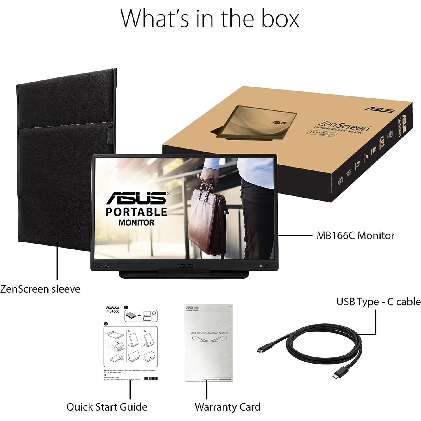 ASUS ZenScreen 15.6” 1080P Portable USB Monitor (MB166C) - Full HD, IPS, USB Type-C, , Tripod Mountable, Anti-Glare Surface, Protective Sleeve