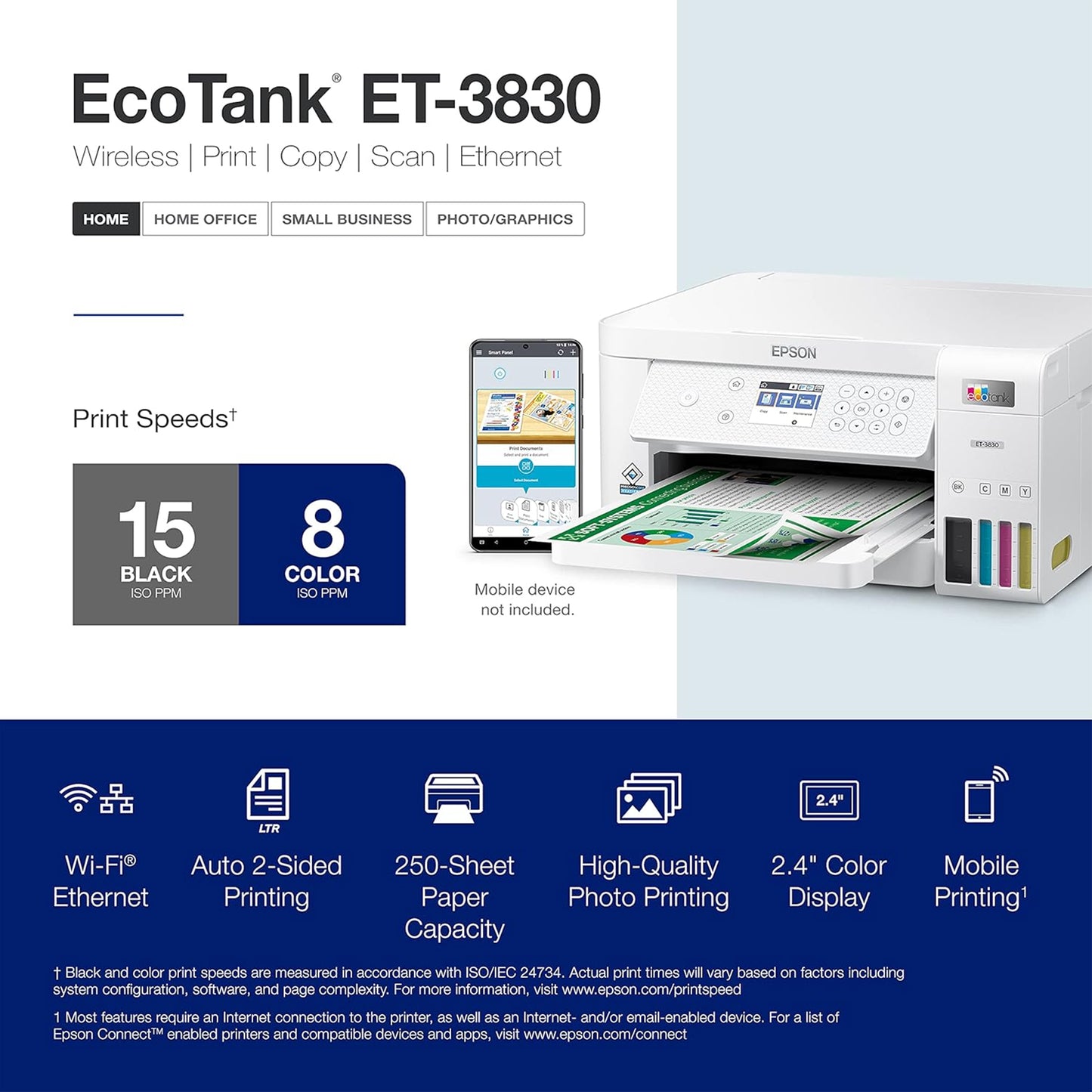 طابعة Epson EcoTank ET-3830 اللاسلكية الملونة الكل في واحد Supertank الخالية من الخراطيش مع المسح الضوئي والنسخ والطباعة التلقائية على الوجهين والإيثرنت - الطابعة المثالية للعائلات المنتجة، باللون الأبيض 