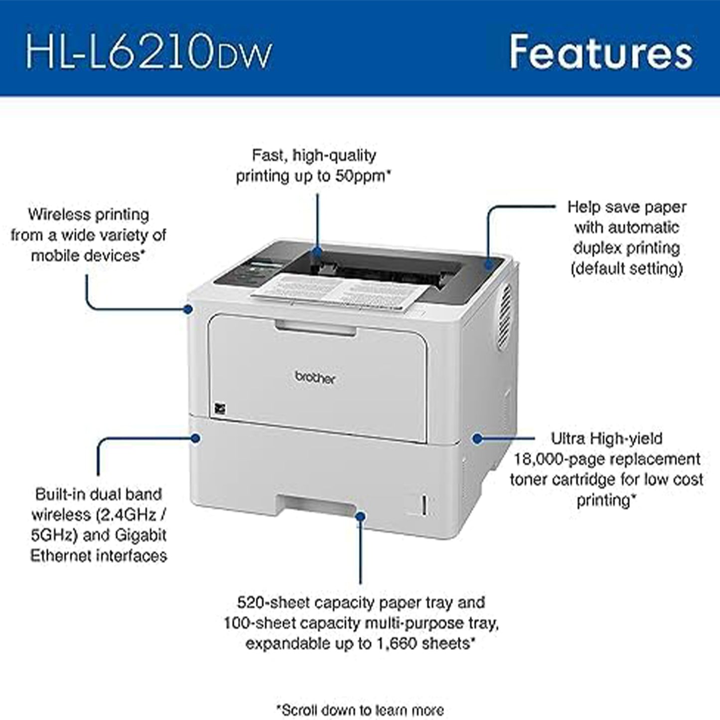 طابعة ليزر Brother HL-L6210DW للأعمال أحادية اللون بسعة ورق كبيرة، وشبكات إيثرنت لاسلكية وجيجابت، وطباعة منخفضة التكلفة، وميزات أمان متقدمة وطباعة متنقلة 