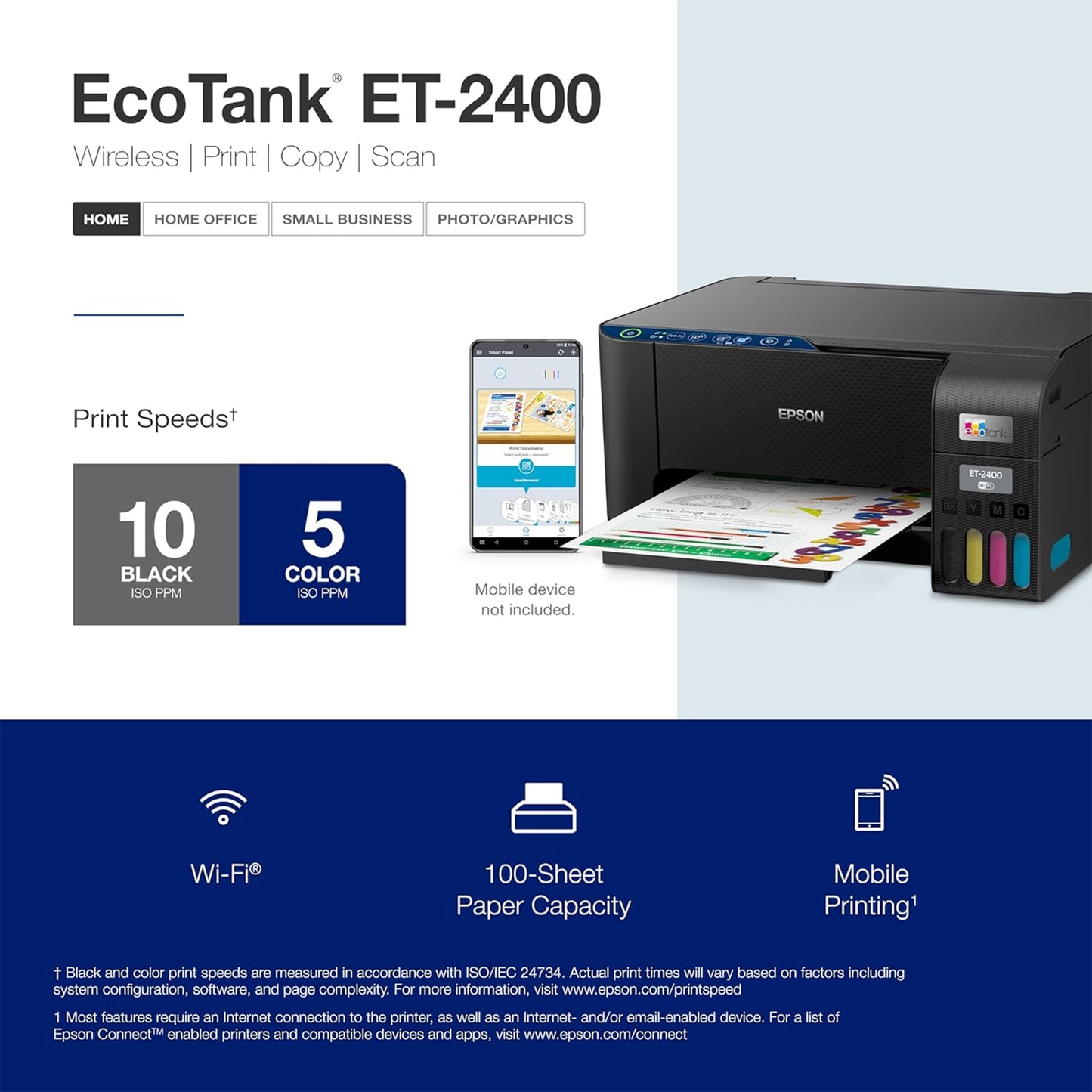 طابعة Epson EcoTank ET-2400 اللاسلكية الملونة الكل في واحد Supertank الخالية من الخراطيش مع المسح الضوئي والنسخ - سهلة الطباعة المنزلية اليومية، أسود 