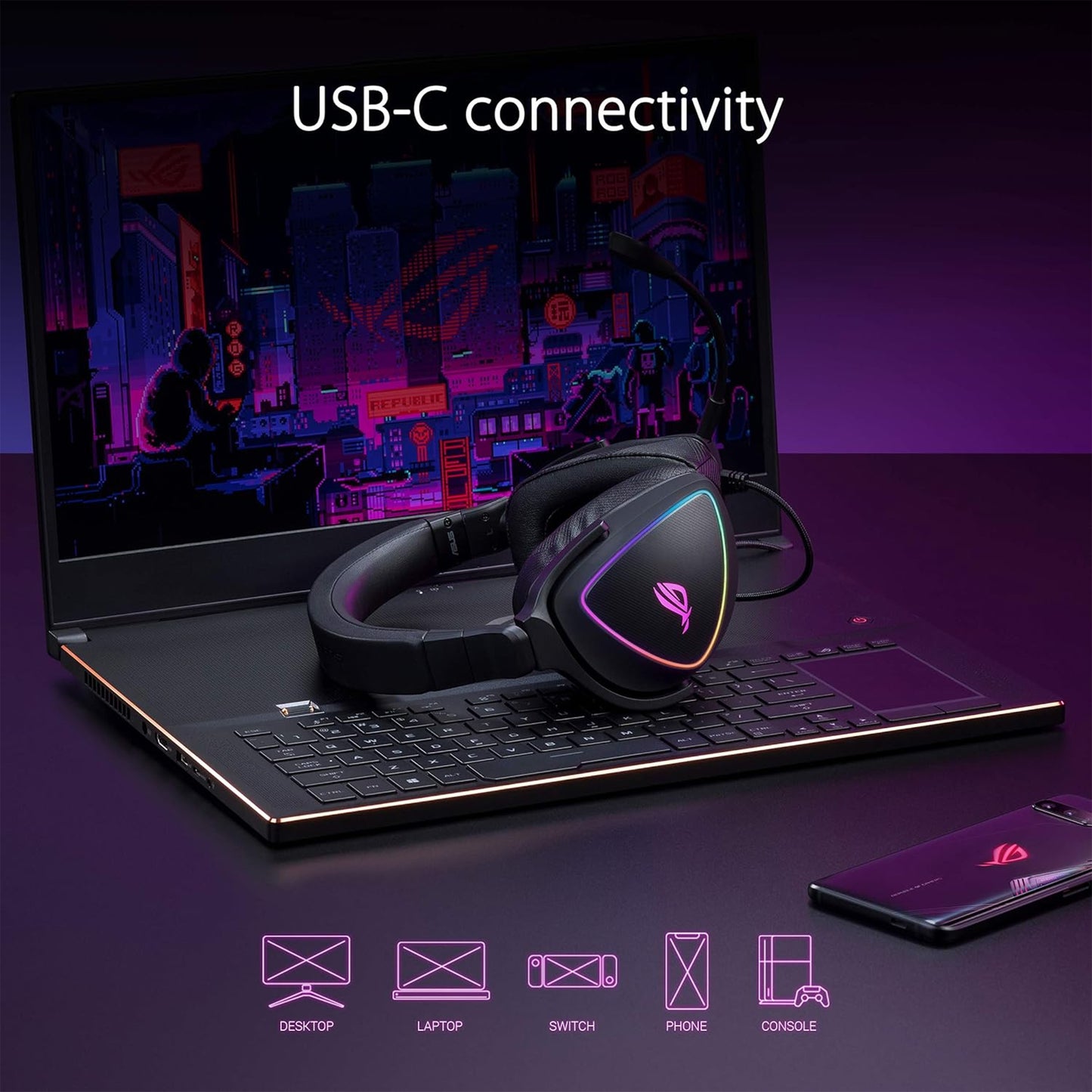 سماعة الألعاب ASUS ROG Delta S مع USB-C | ميكروفون لإلغاء الضوضاء يعمل بالذكاء الاصطناعي | سماعات رأس فوق الأذن لأجهزة الكمبيوتر الشخصية وأجهزة Mac وNintendo Switch وSony Playstation | تصميم مريح، أسود 