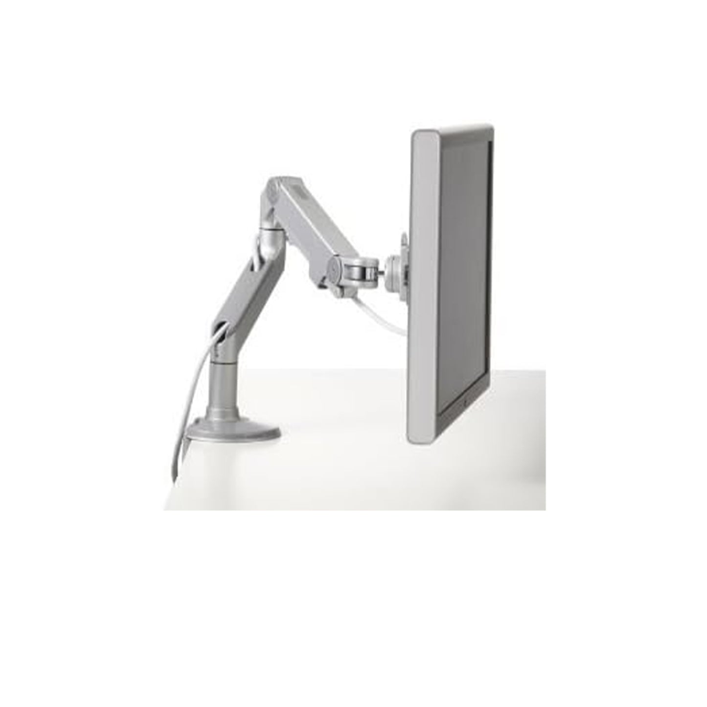 Humanscale M8 Adjustable Articulating Monitor Arm - Bolt Through Mount with Base - Polished Aluminum with White Trim