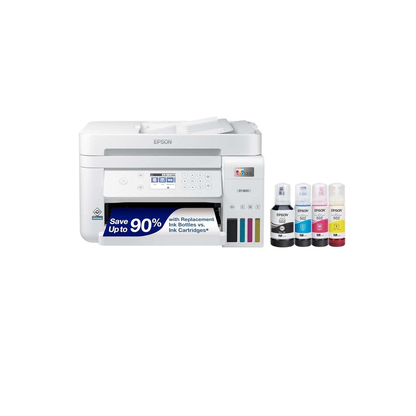 Epson EcoTank ET-3843 Wireless Color All-in-One Cartridge-Free Supertank Printer with Scanner, Copier, ADF and Ethernet-for The Ultimate Home Office, White