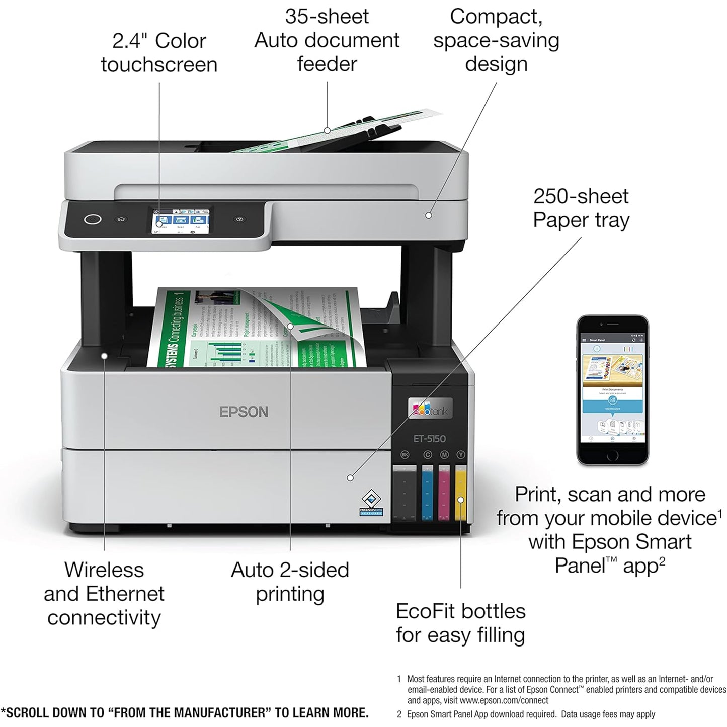 Epson EcoTank Pro ET-5150 Wireless Color All-in-One Supertank Printer with Scanner, Copier, Plus Auto Document Feeder, Large, White