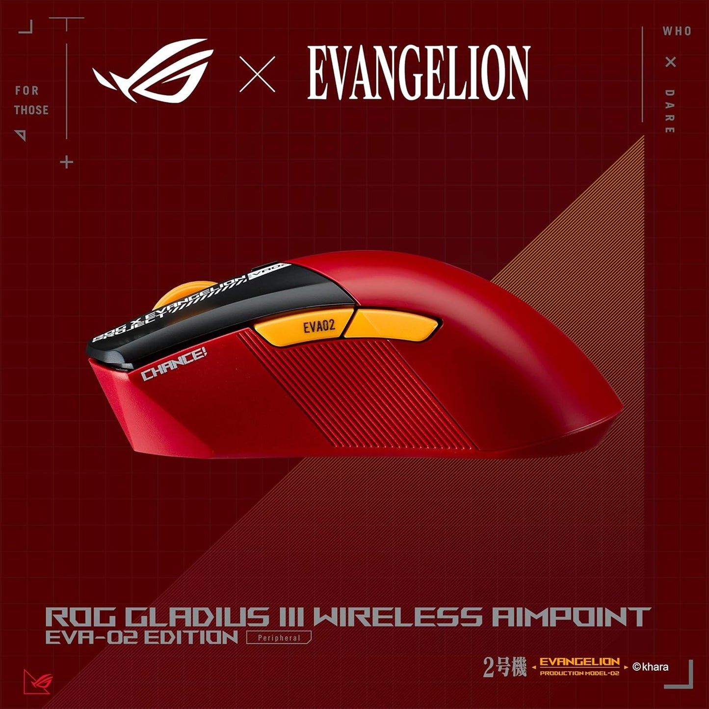 ASUS ROG Gladius III Wireless AimPoint EVA-02 Edition Gaming Mouse, 2.4GHz RF, Bluetooth, Wired, 36K DPI Sensor, 6 programmable Buttons, ROG SpeedNova, Replaceable switches, Paracord Cable, Red,White,and Black