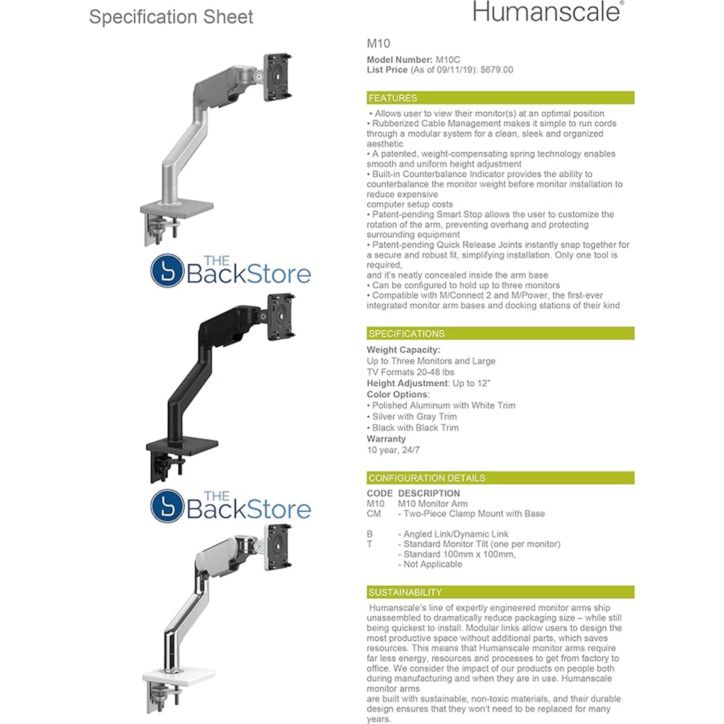 ذراع شاشة Humanscale M10 عالي التحمل قابل للتعديل مع وصلات زاوية/ديناميكية - مشبك تثبيت من قطعتين - أسود M10CMBBTB 