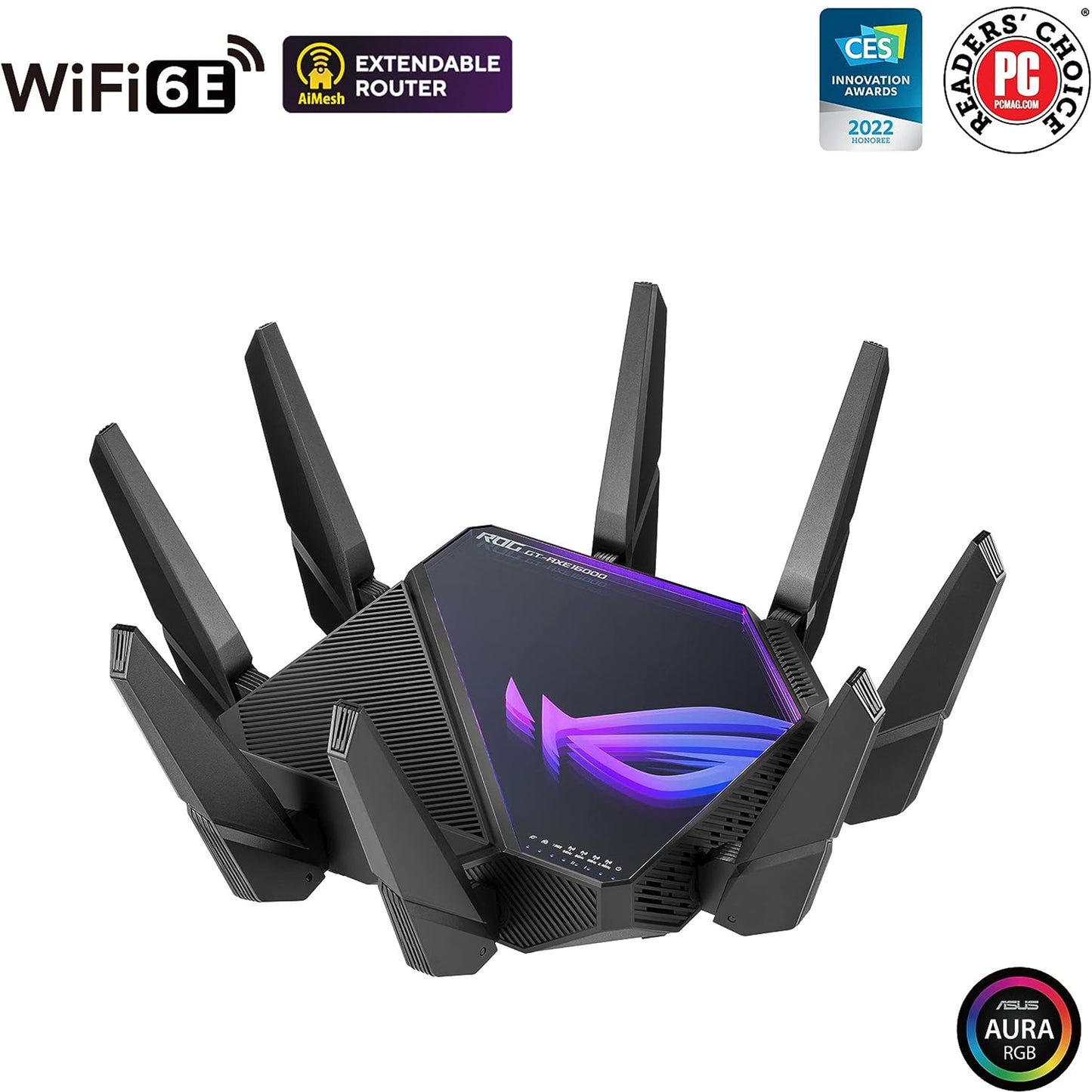 راوتر الألعاب ASUS ROG Rapture WiFi 6E (GT-AXE16000) - رباعي النطاق، جاهز بسرعة 6 جيجا هرتز، منافذ 10 جيجا مزدوجة، منفذ WAN 2.5 جيجا، دعم AiMesh، تسريع الألعاب ثلاثي المستوى، أمان الإنترنت مدى الحياة، الحماية الفورية 