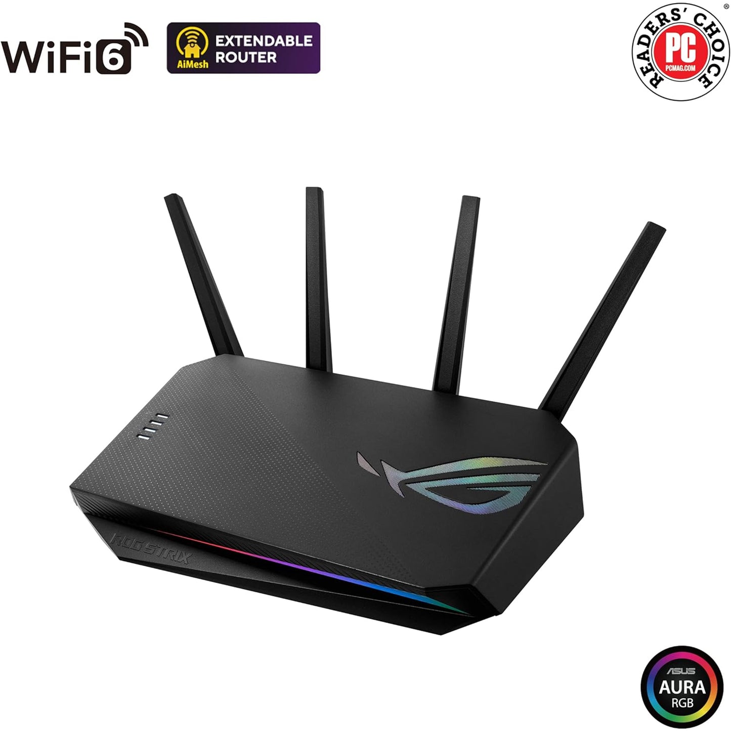 راوتر ASUS ROG Strix GS-AX5400 WiFi 6 قابل للتمديد للألعاب، منفذ ألعاب، وضع ألعاب الهاتف المحمول، إعادة توجيه المنفذ، VPN Fusion، Aura RGB، أمان الشبكة بدون اشتراك، Instant Guard، متوافق مع AiMesh 