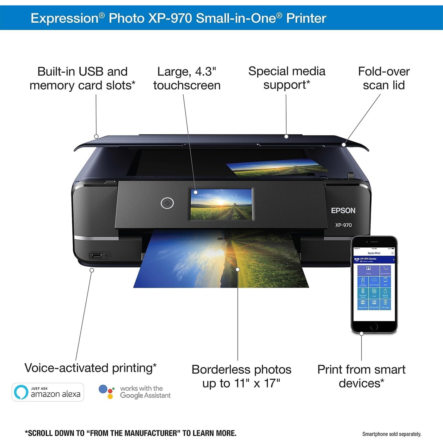 طابعة صور ملونة لاسلكية Epson Expression Photo XP-970 مع ماسح ضوئي وناسخة، أسود 