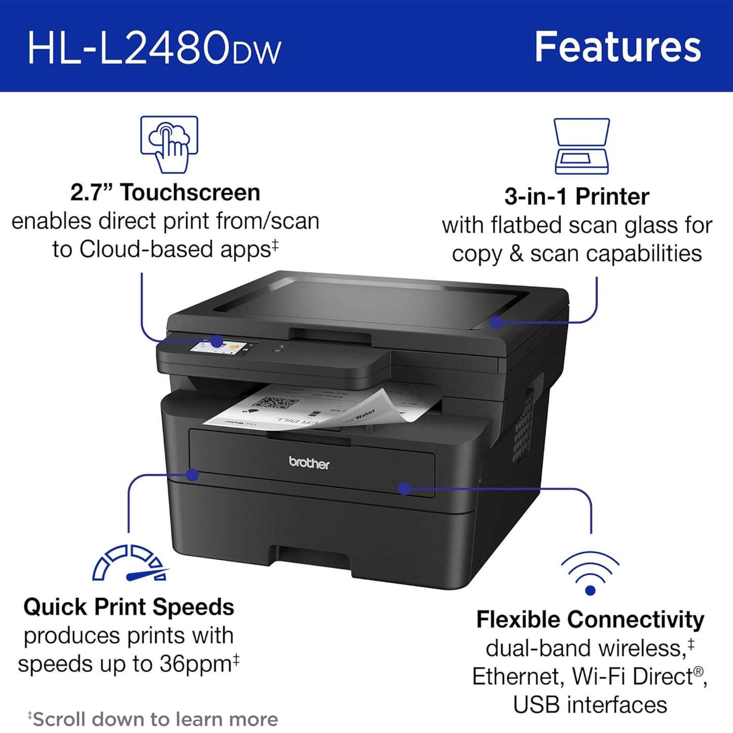 Brother HL-L2480DW Wireless Compact Monochrome Multi-Function Laser Printer with Copy and Scan, Duplex, Mobile, Black & White