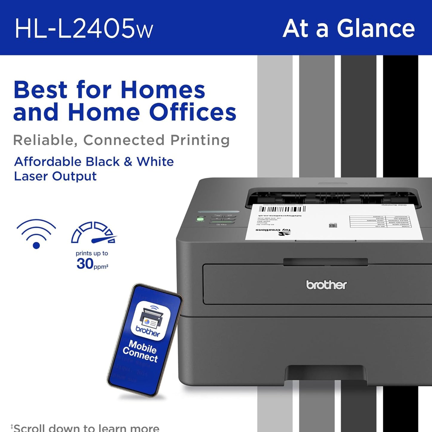 Brother HL-L2405W Wireless Compact Monochrome Laser Printer with Mobile Printing, Black & White Output |