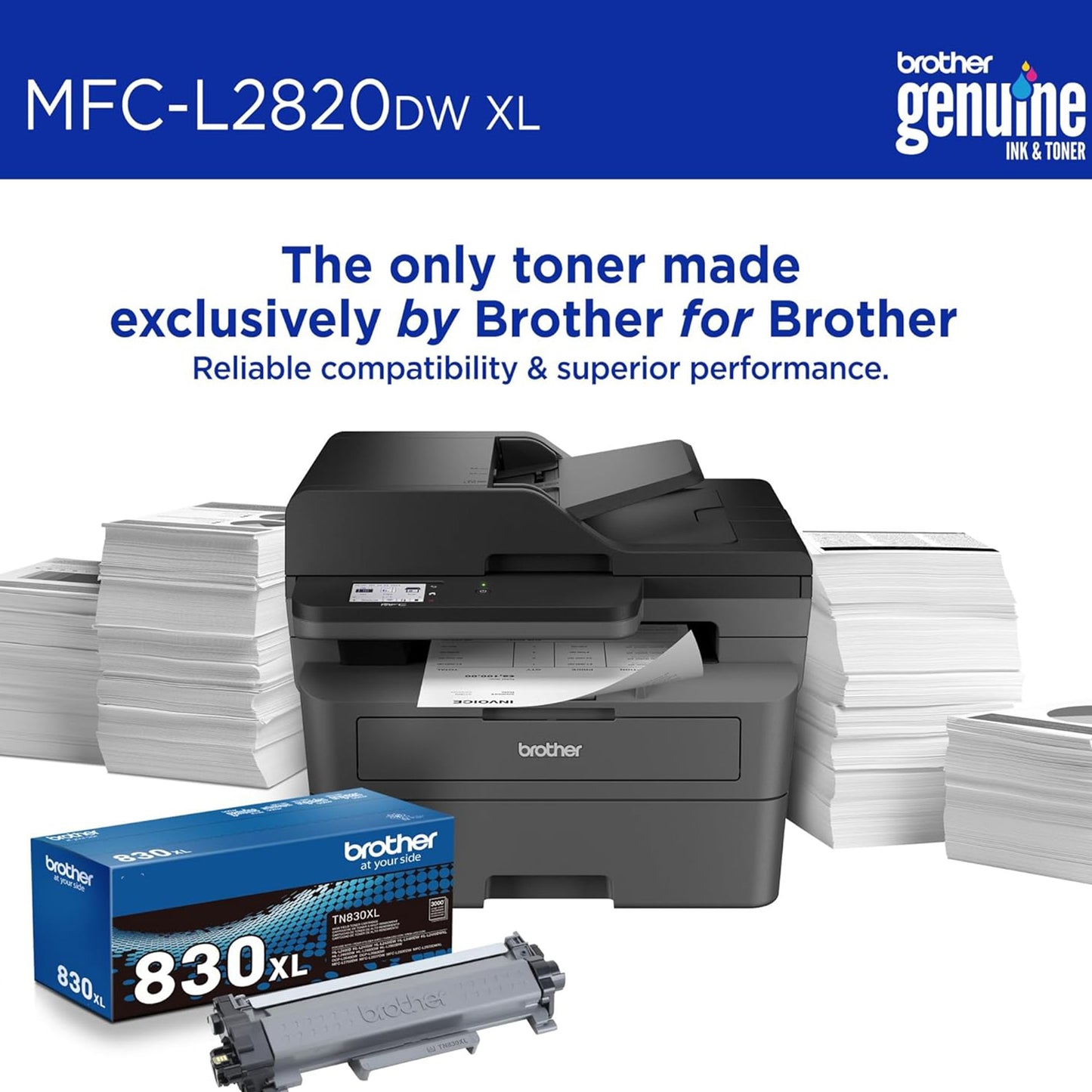 Brother MFC-L2820DW XL Wireless Compact Monochrome All-in-One Laser Printer with Copy, Scan and Fax, Duplex, Black & White