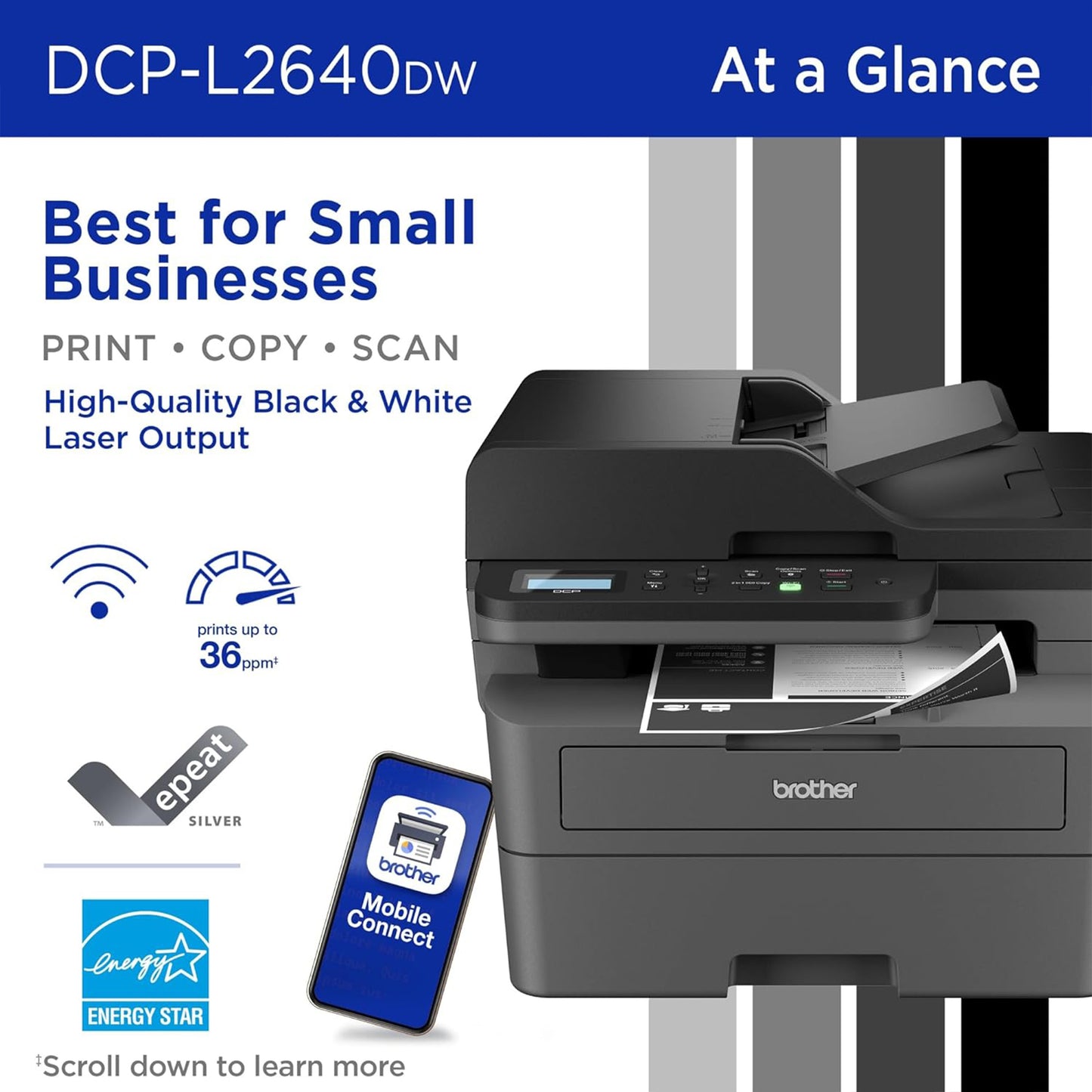 Brother DCP-L2640DW Wireless Compact Monochrome Multi-Function Laser Printer with Copy and Scan, Duplex, Mobile, Black & White