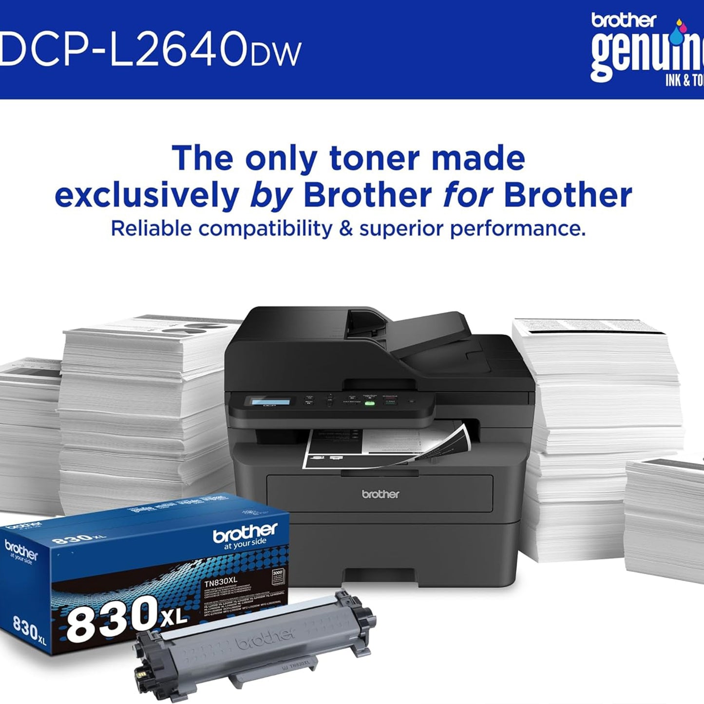 Brother DCP-L2640DW طابعة ليزر أحادية اللون لاسلكية متعددة الوظائف مع خاصية النسخ والمسح الضوئي، دوبلكس، هاتف محمول، أبيض وأسود 