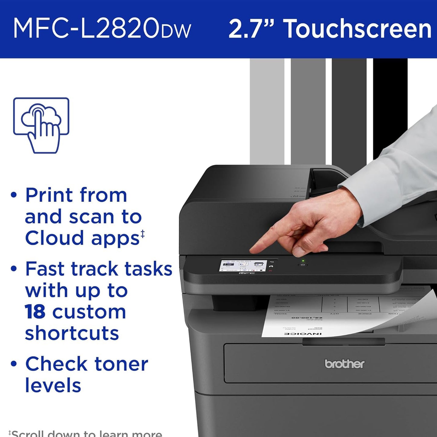 Brother MFC-L2820DW Wireless Compact Monochrome All-in-One Laser Printer with Copy, Scan and Fax, Duplex, Black & White