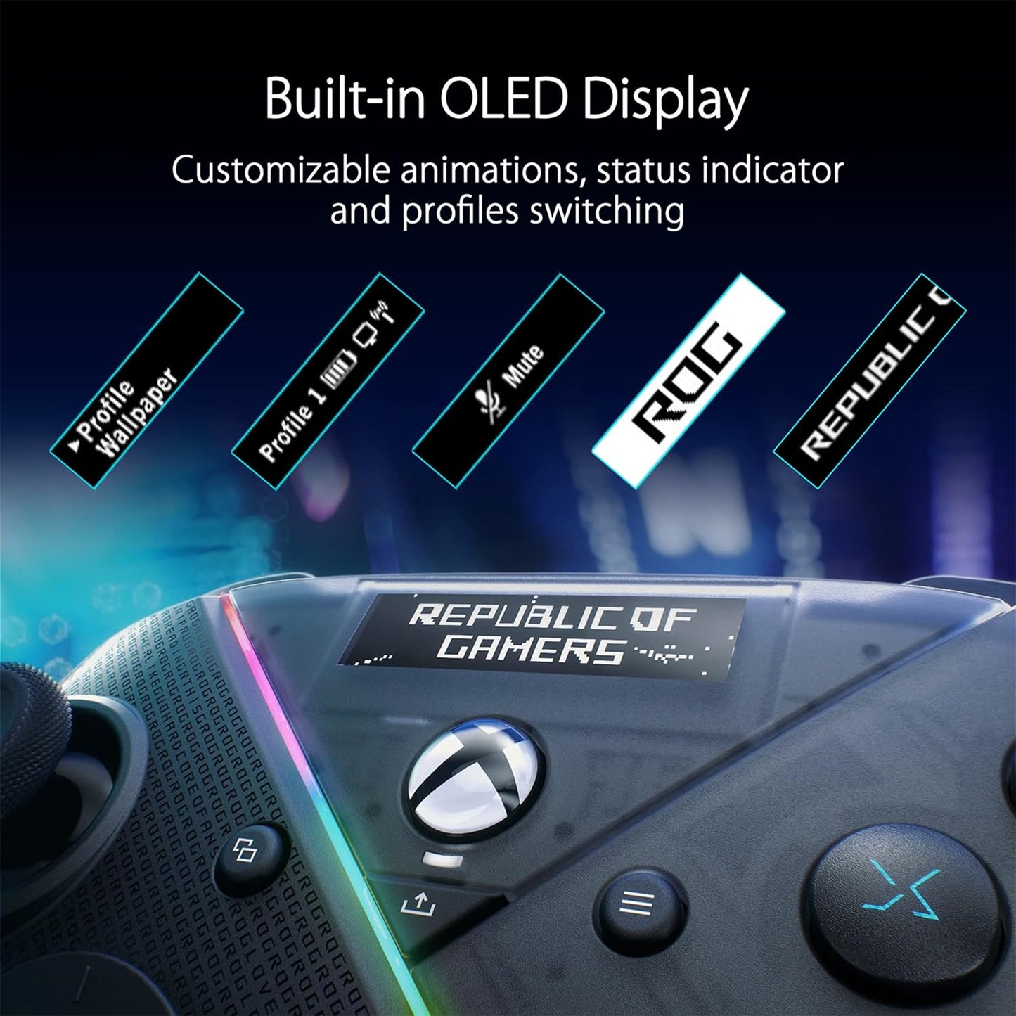 ASUS ROG Raikiri Pro OLED Display, tri-Mode connectivity, remappable Buttons&triggers, 4 Rear Buttons, Step&Linear triggers, Adjustable Joystick Sensitivity, 3.5mm Jack with ESS DAC, for PC and Xbox